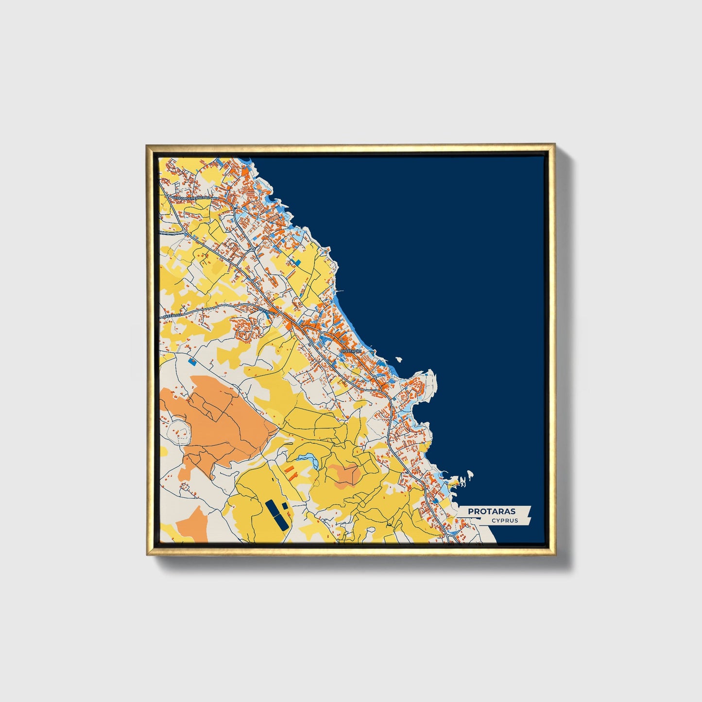 Protaras Cyprus Colorful City Map Canvas Print • Gold Framed