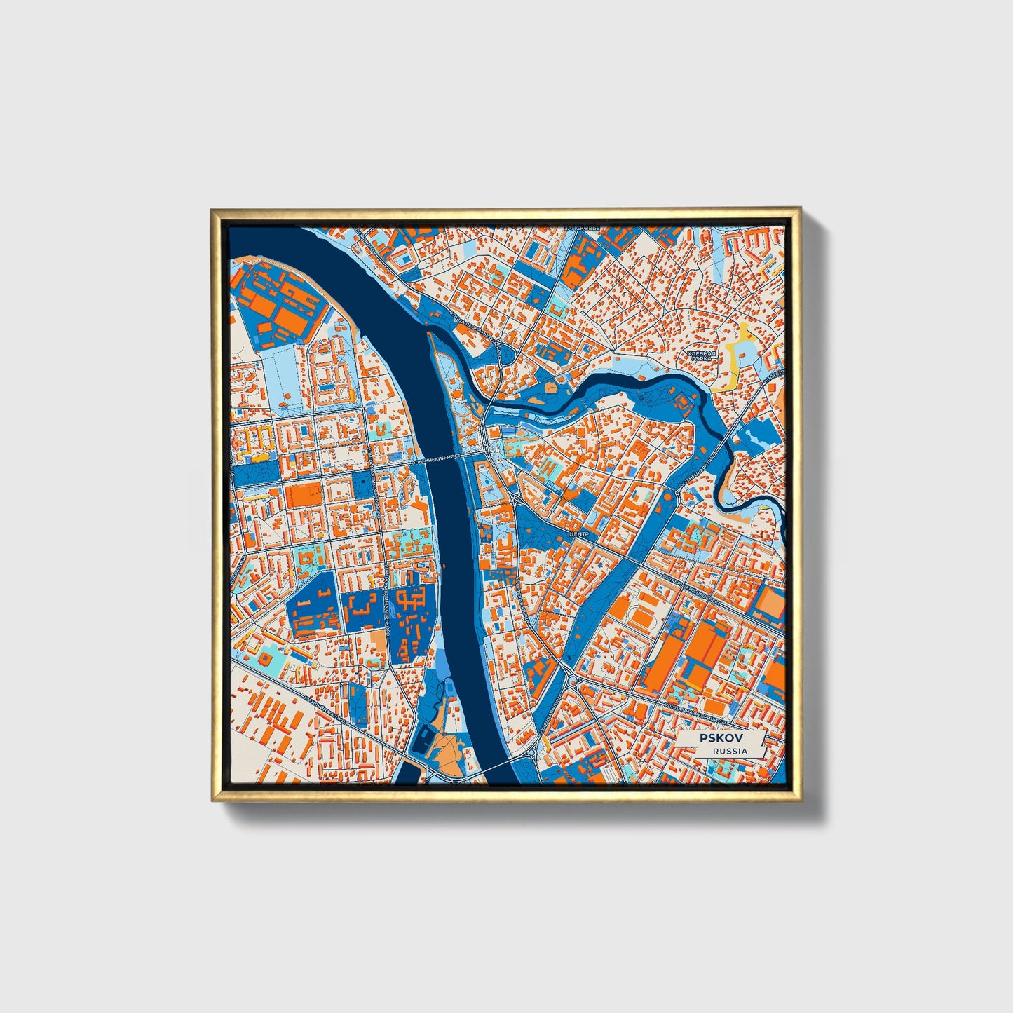 Псков Russia Colorful City Map Canvas Print • Gold Framed