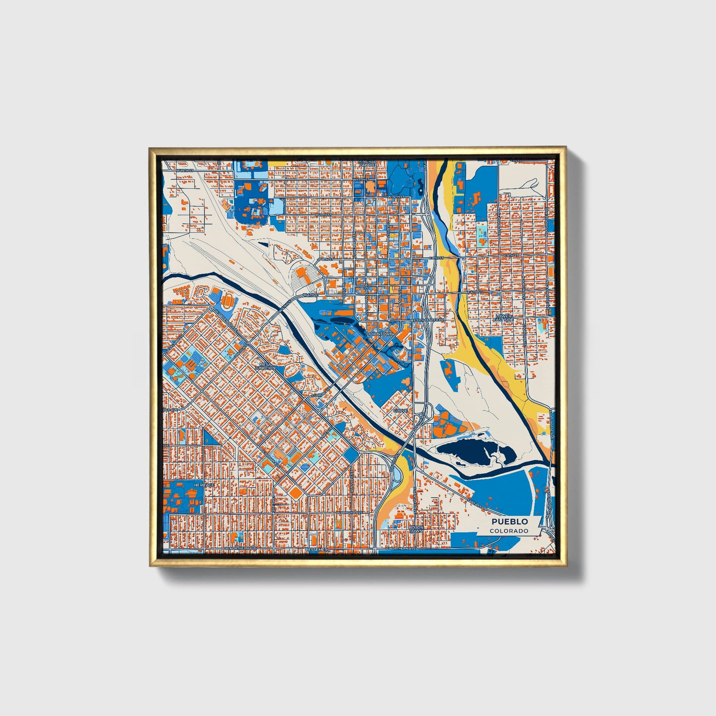 Pueblo Colorado Colorful City Map Canvas Print • Gold Framed