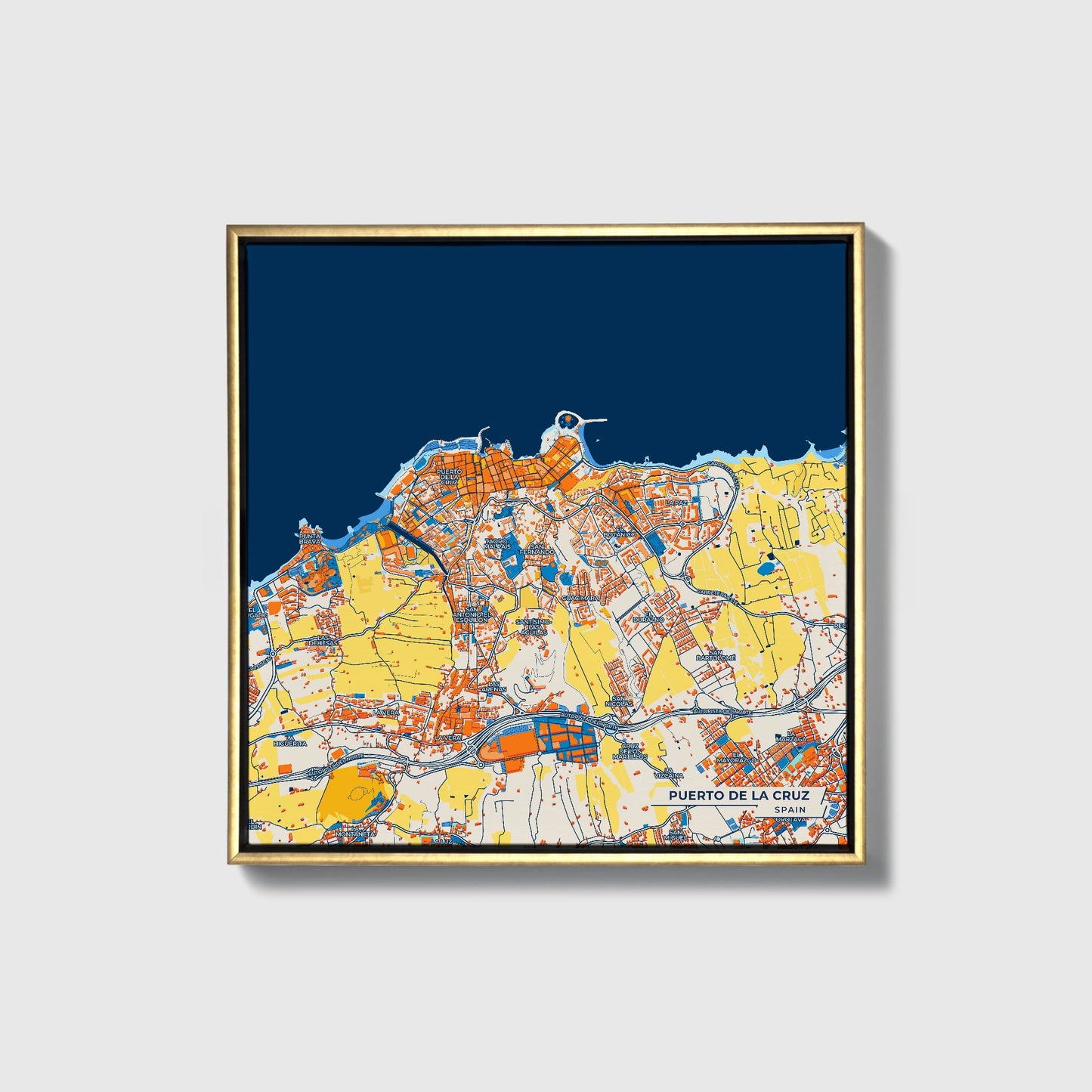 Puerto De La Cruz Spain Colorful City Map Canvas Print • Gold Framed