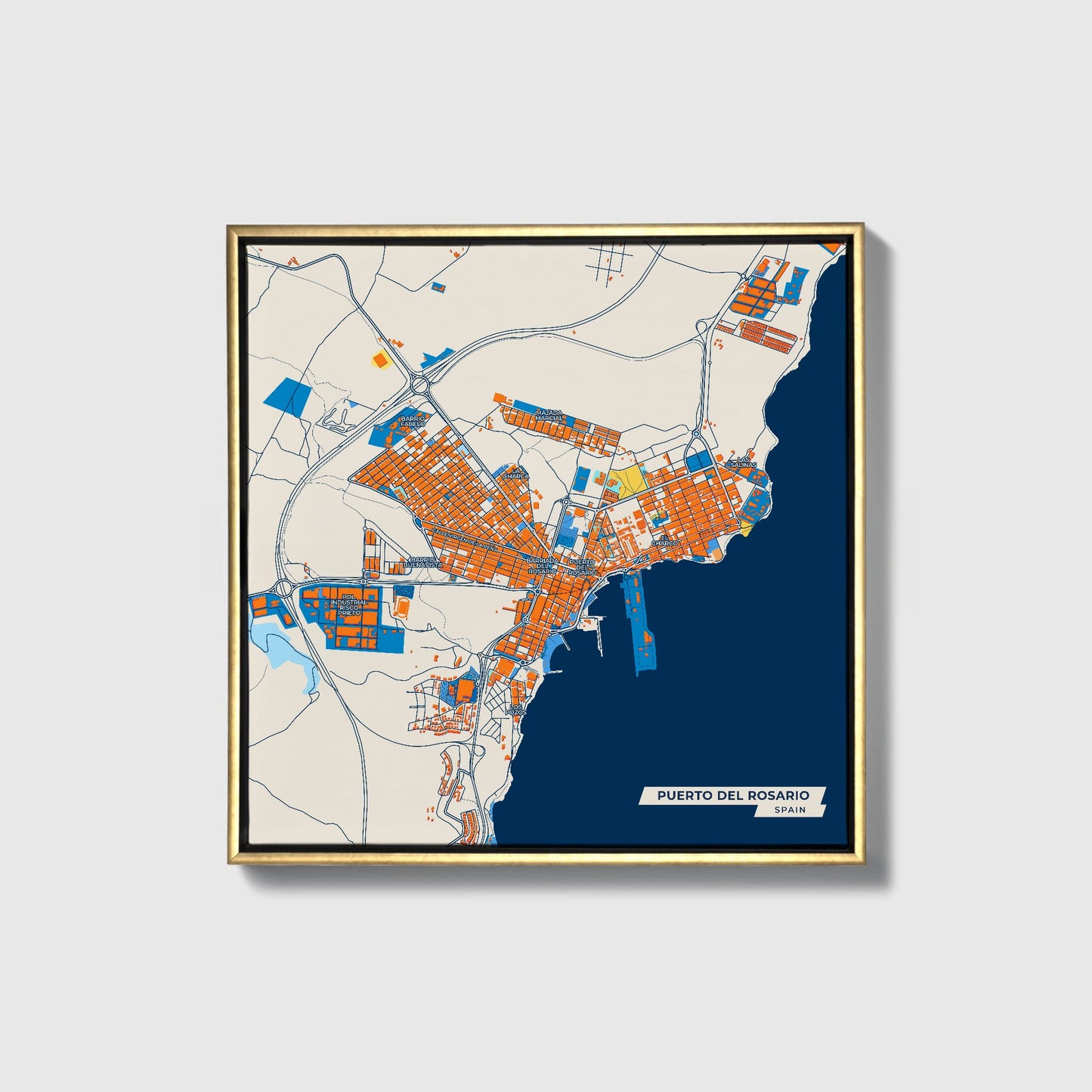 Puerto Del Rosario Spain Colorful City Map Canvas Print • Gold Framed