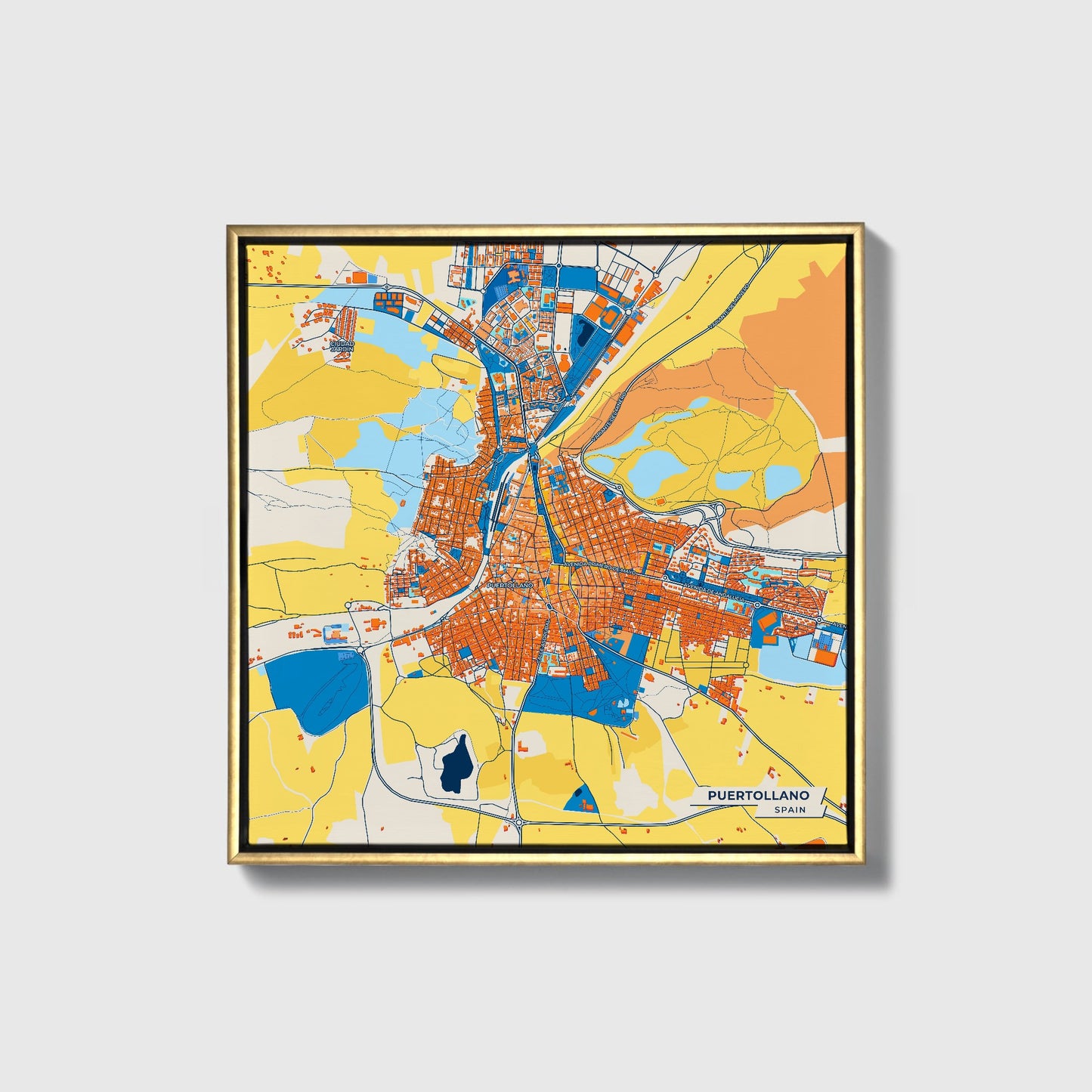 Puertollano Spain Colorful City Map Canvas Print • Gold Framed