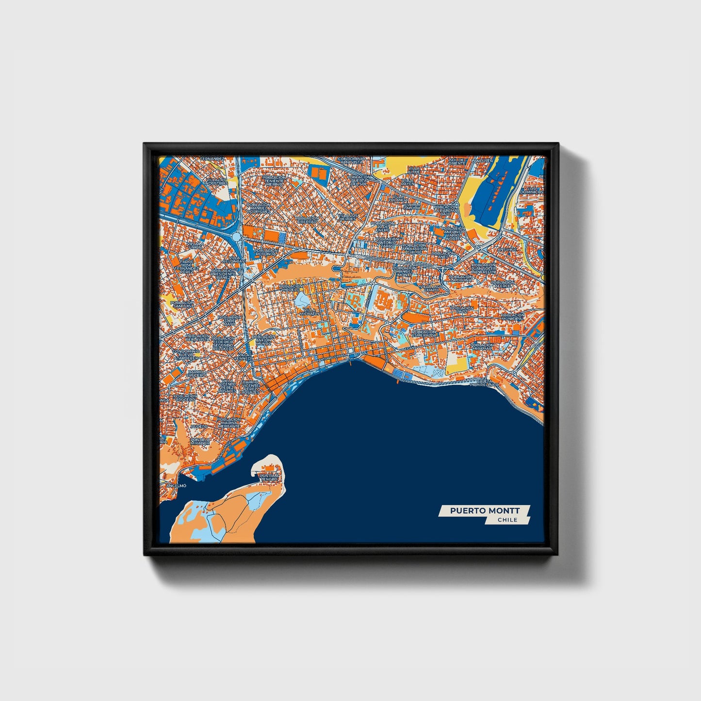 Puerto Montt Chile Colorful City Map Canvas Print • Black Framed