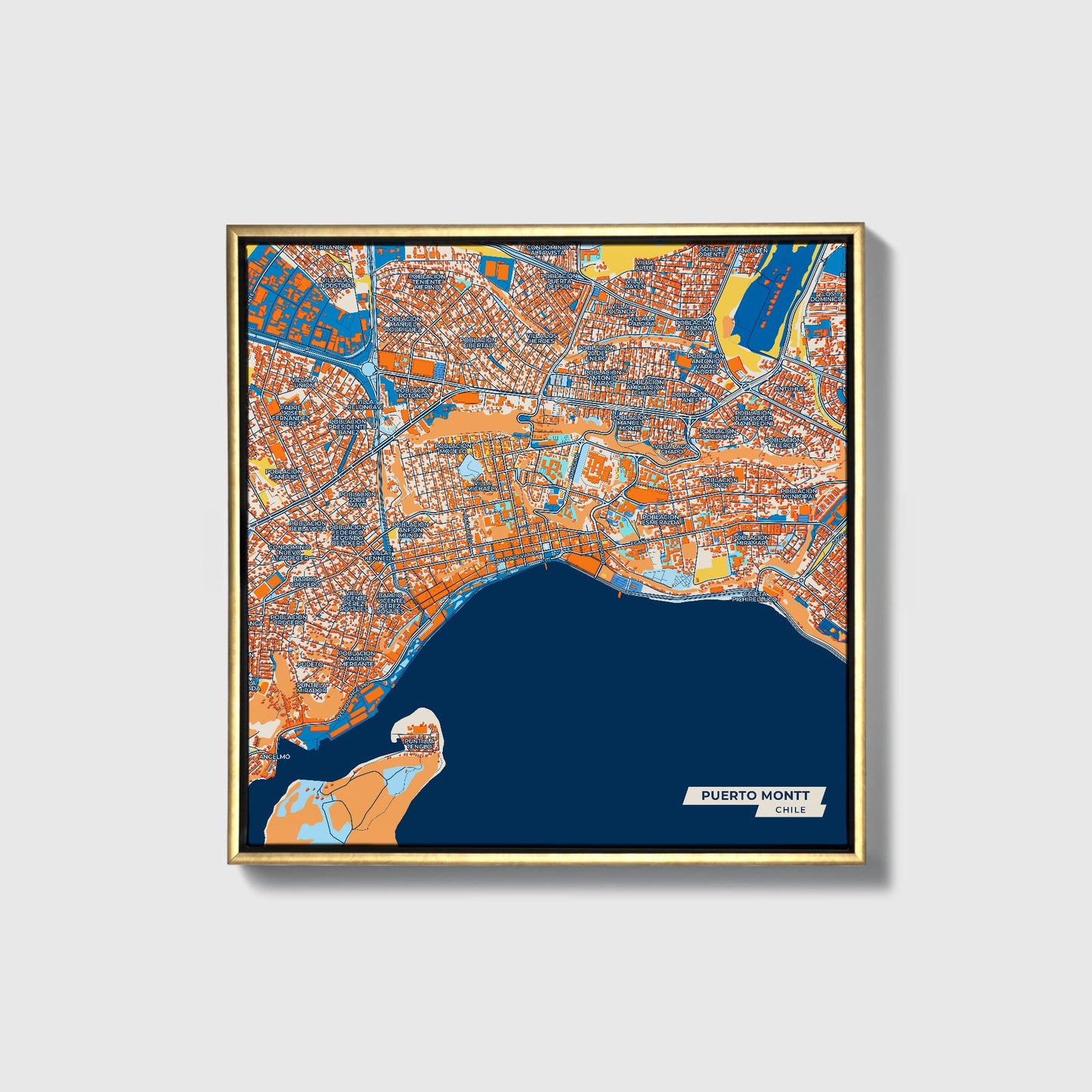 Puerto Montt Chile Colorful City Map Canvas Print • Gold Framed