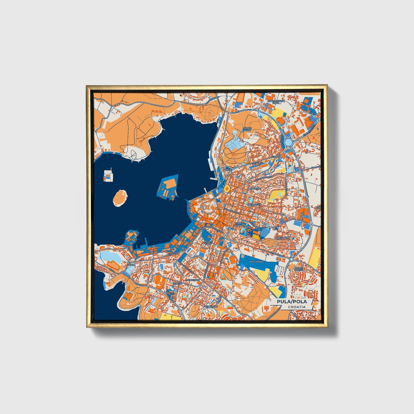 Pula / Pola Croatia Colorful City Map Canvas Print • Gold Framed