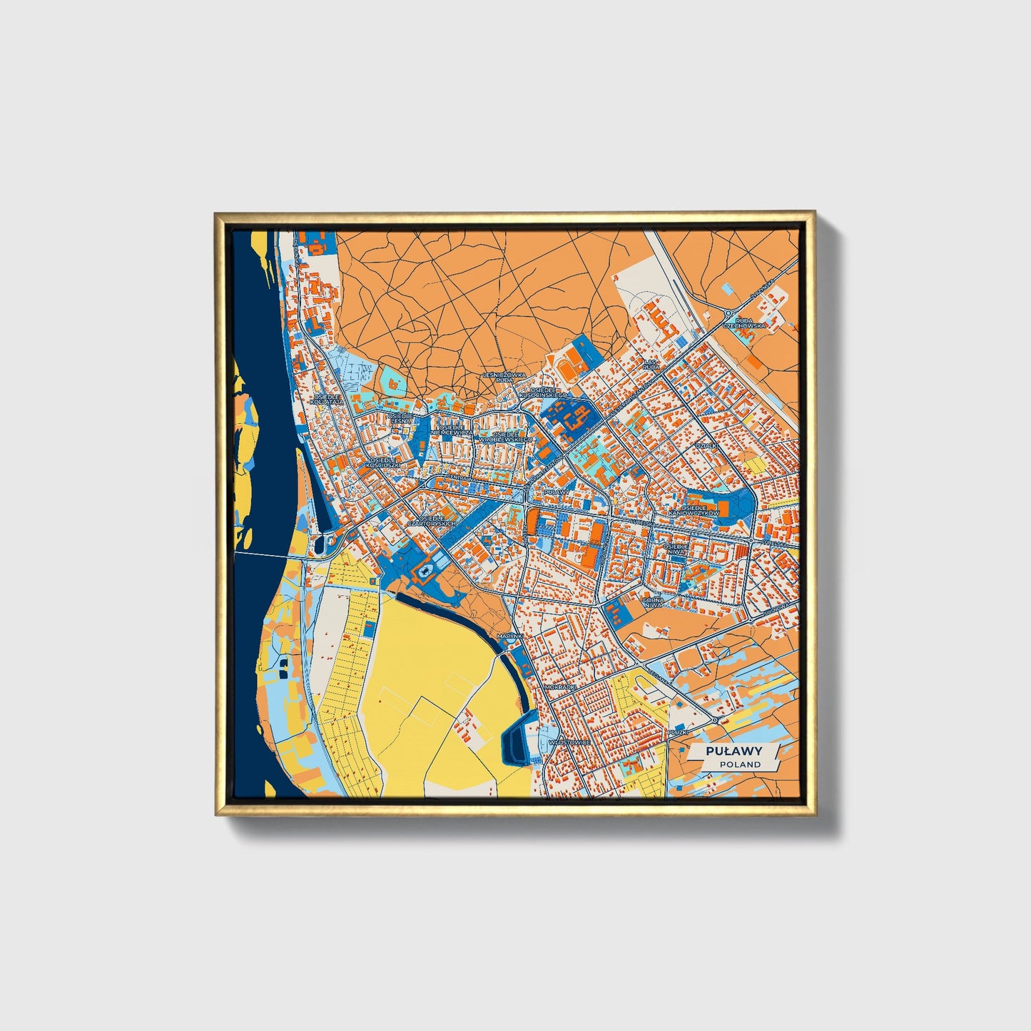 Puławy Poland Colorful City Map Canvas Print • Gold Framed