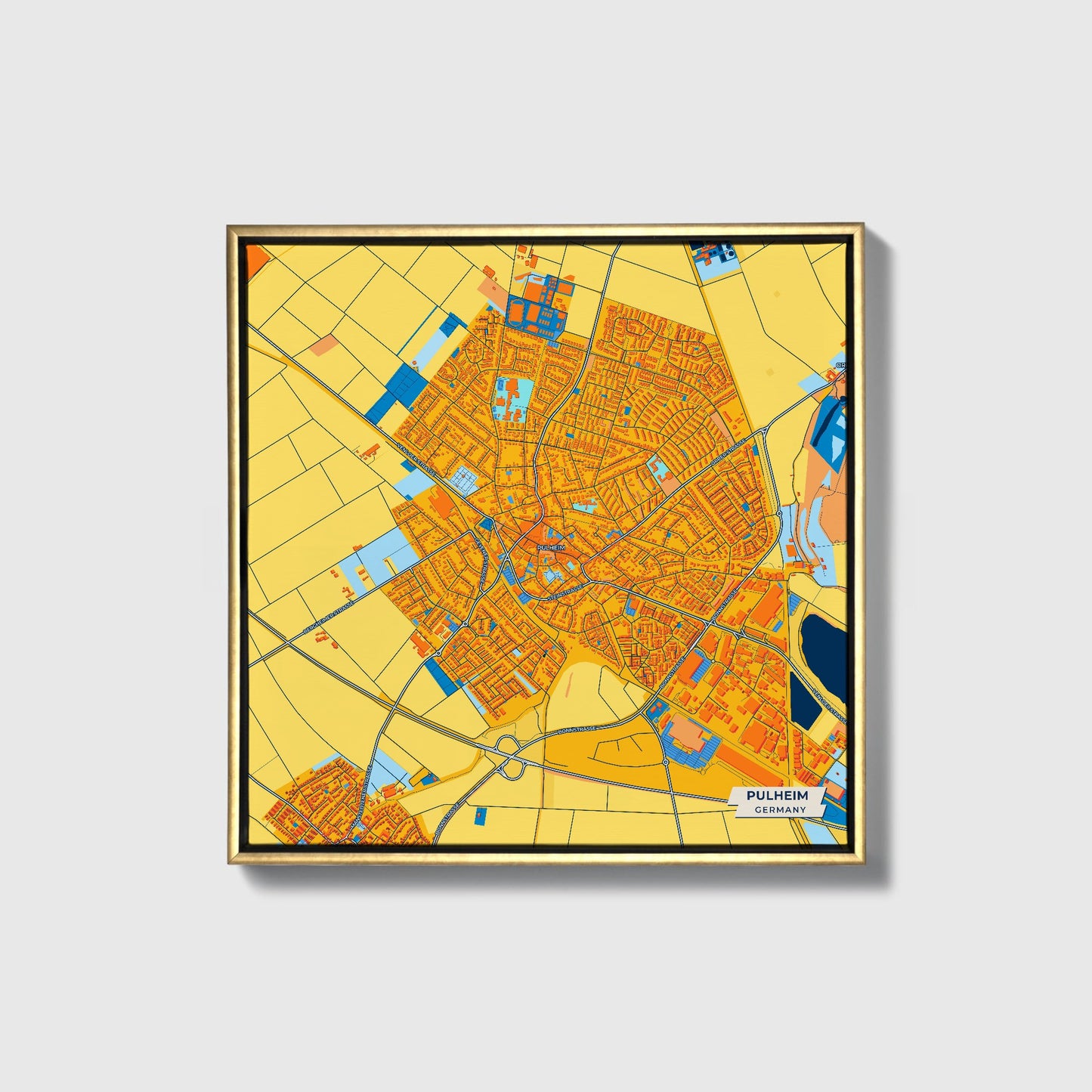 Pulheim Germany Colorful City Map Canvas Print • Gold Framed