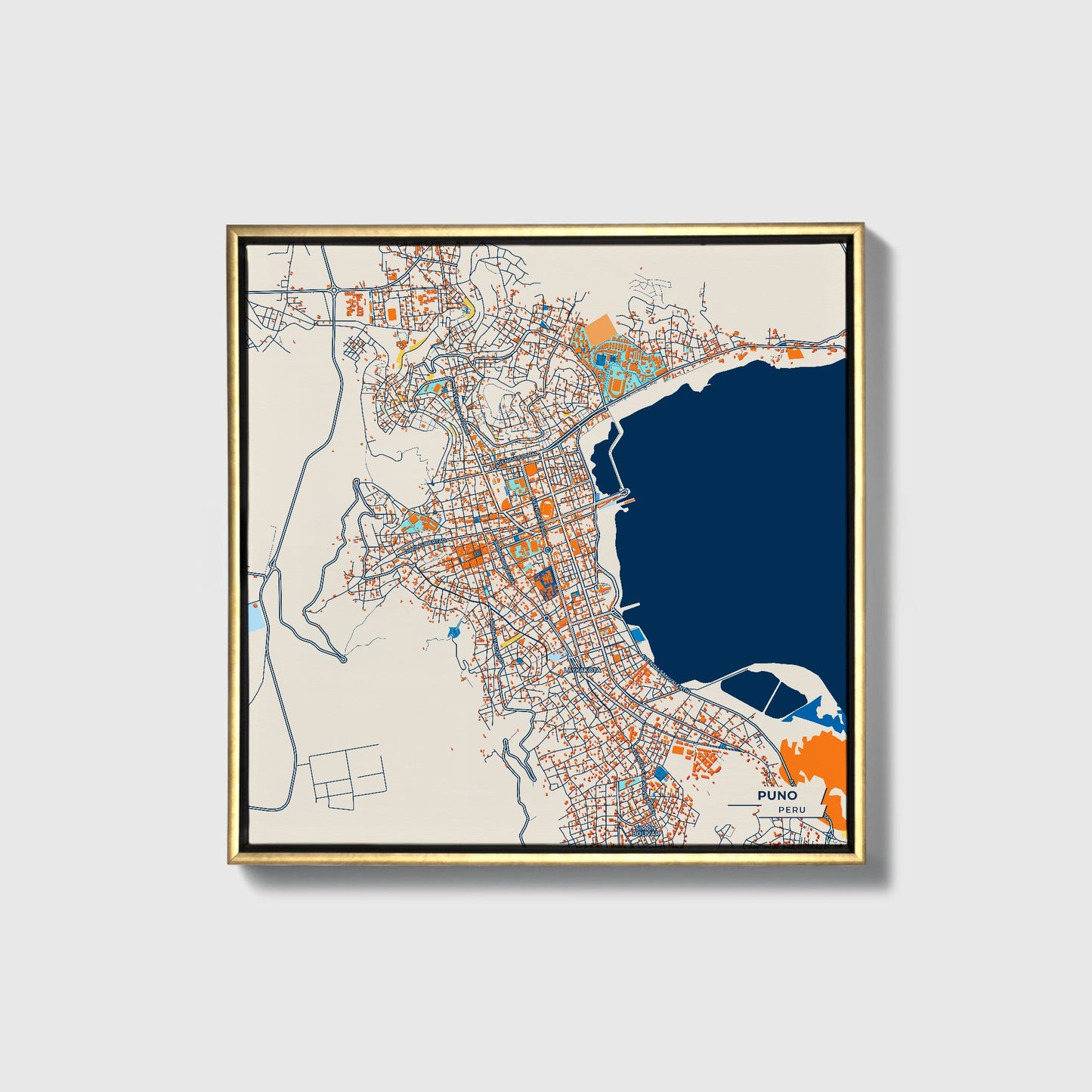 Puno Peru Colorful City Map Canvas Print • Gold Framed