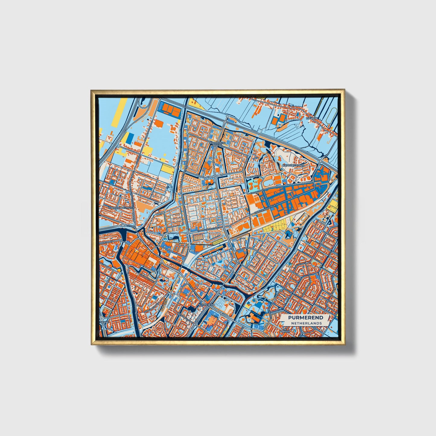 Purmerend Netherlands Colorful City Map Canvas Print • Gold Framed