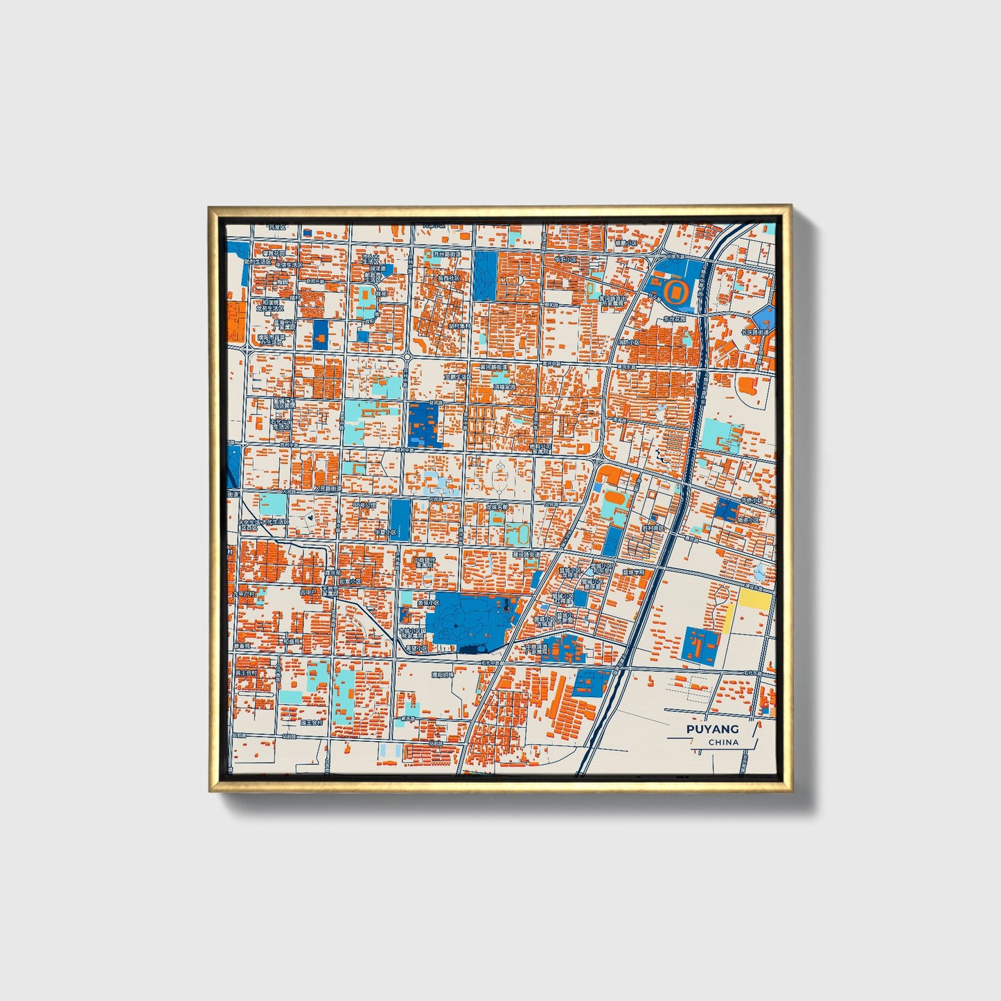 Puyang China Colorful City Map Canvas Print • Gold Framed