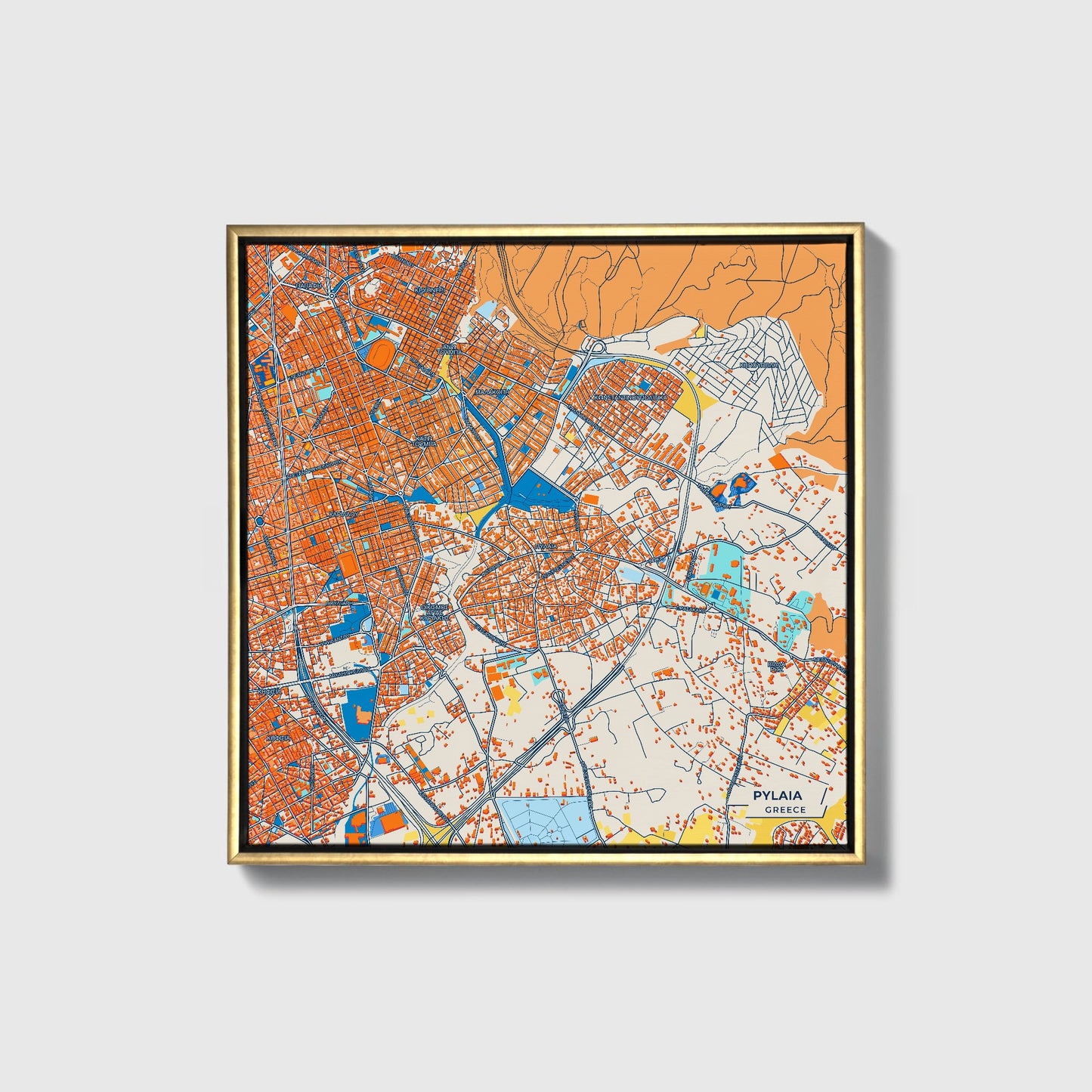 Πυλαια Greece Colorful City Map Canvas Print • Gold Framed