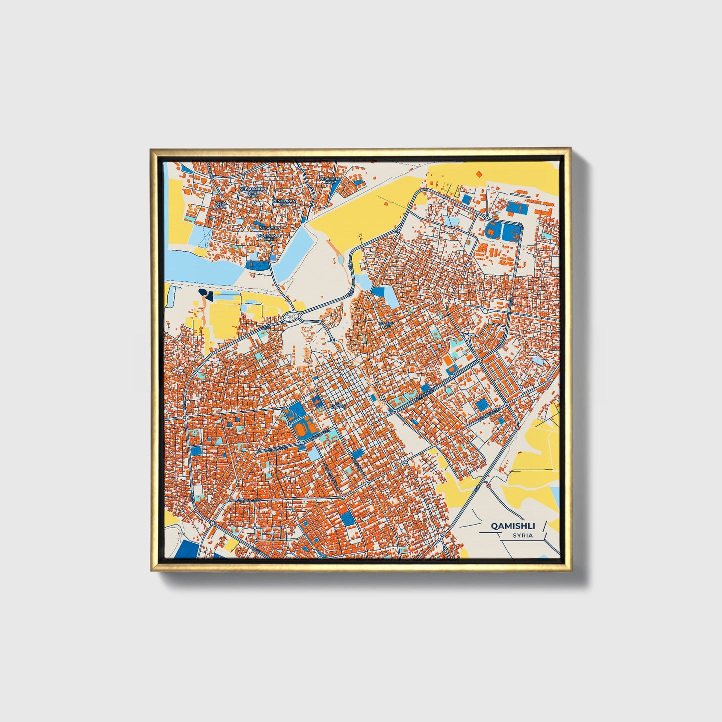 Qamishli Syria Colorful City Map Canvas Print • Gold Framed