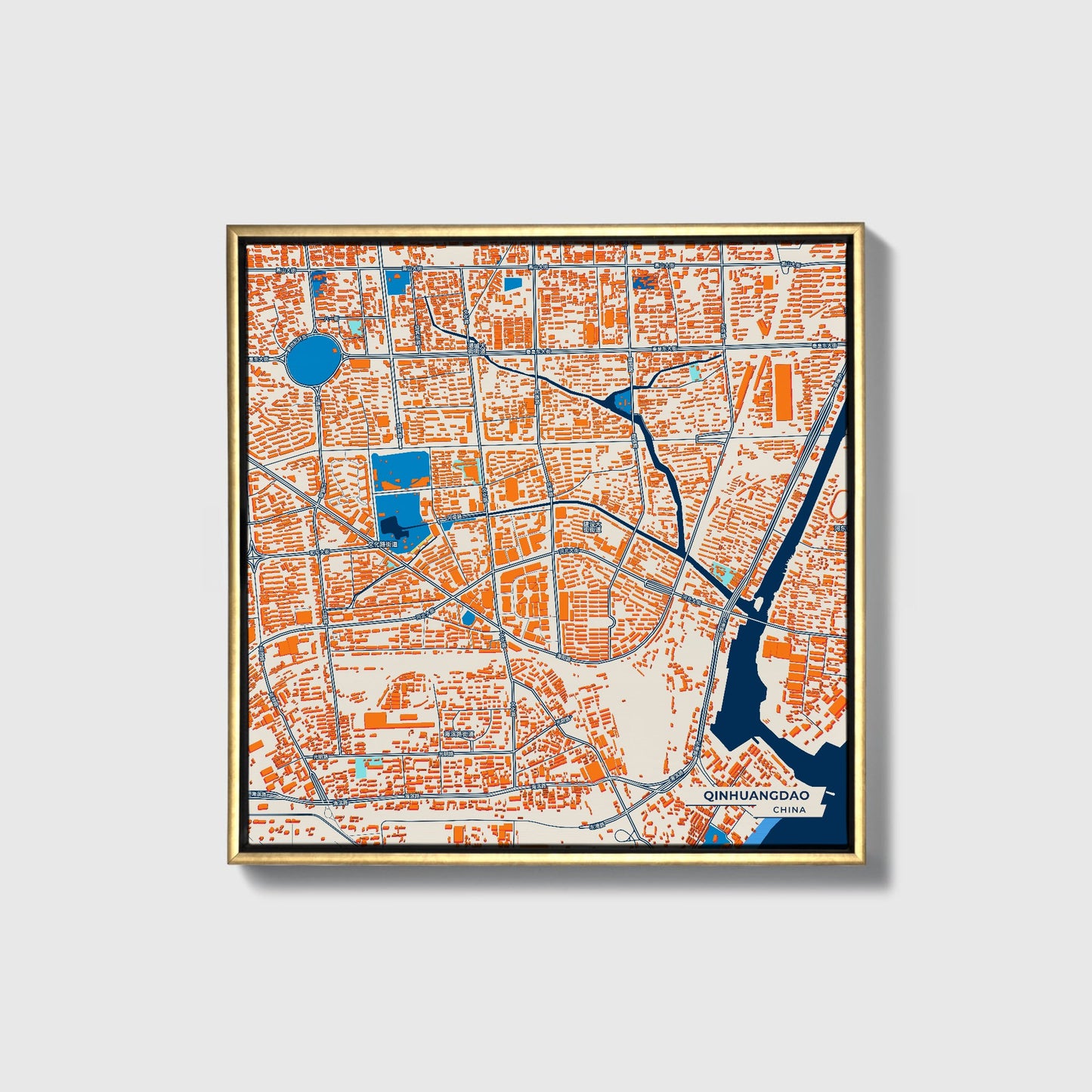 Qinhuangdao China Colorful City Map Canvas Print • Gold Framed