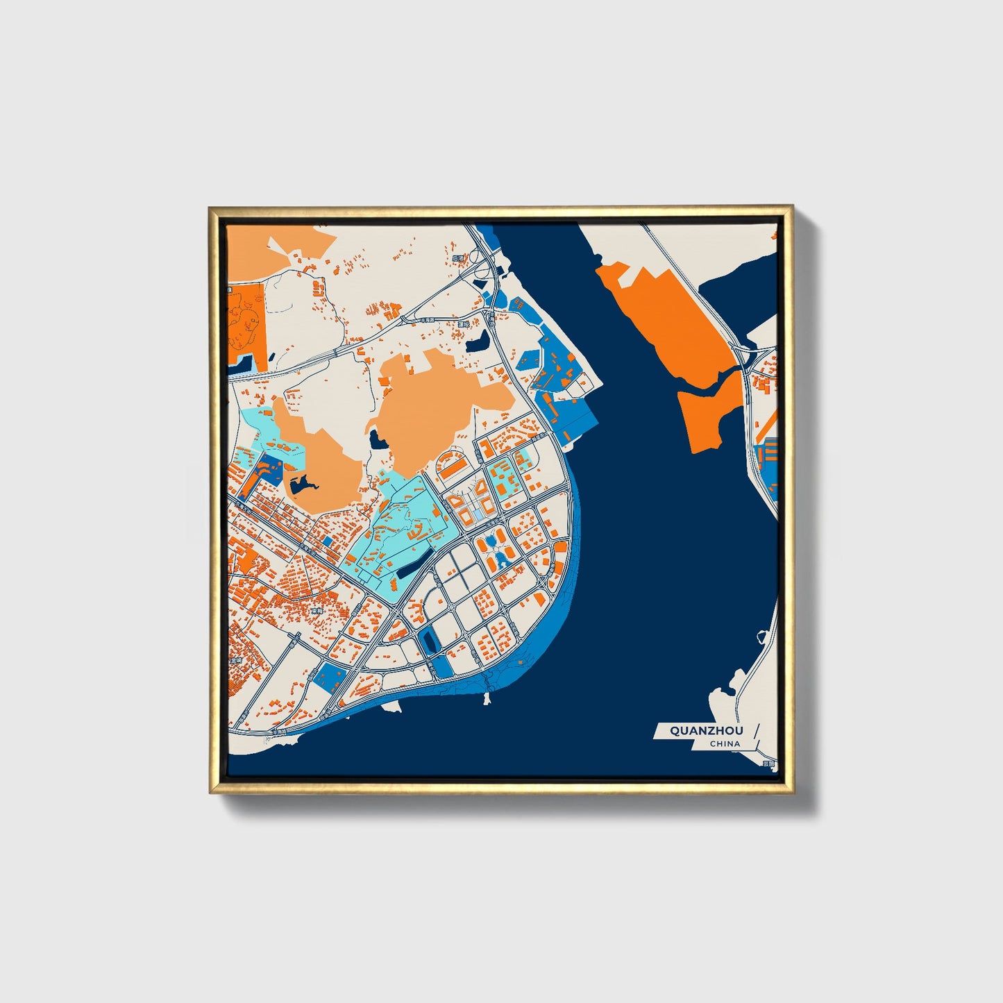 Quanzhou China Colorful City Map Canvas Print • Gold Framed