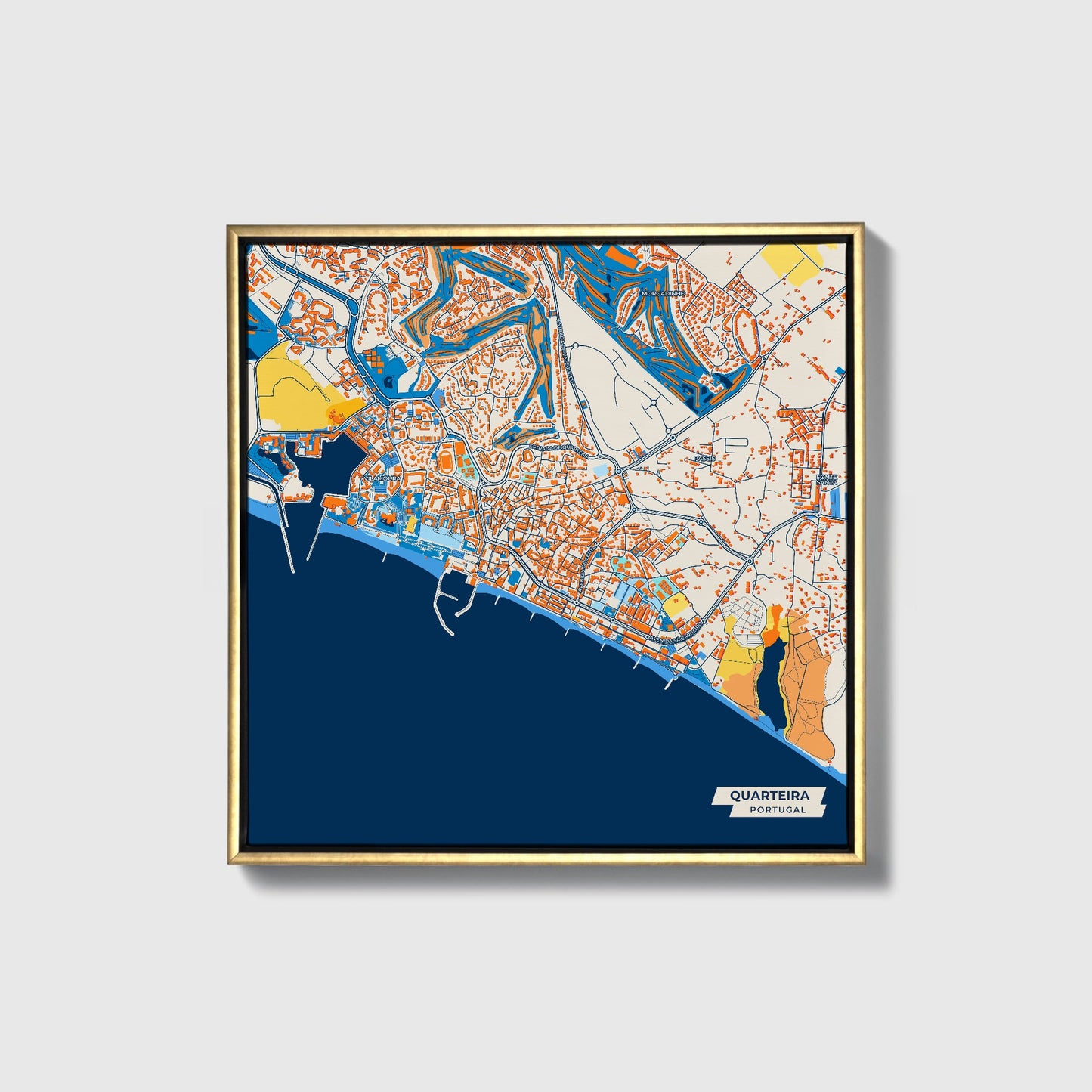 Quarteira Portugal Colorful City Map Canvas Print • Gold Framed