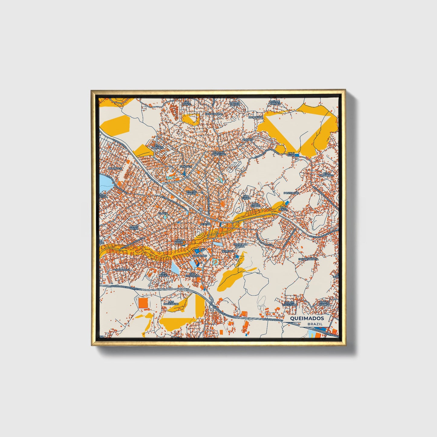 Queimados Brazil Colorful City Map Canvas Print • Gold Framed