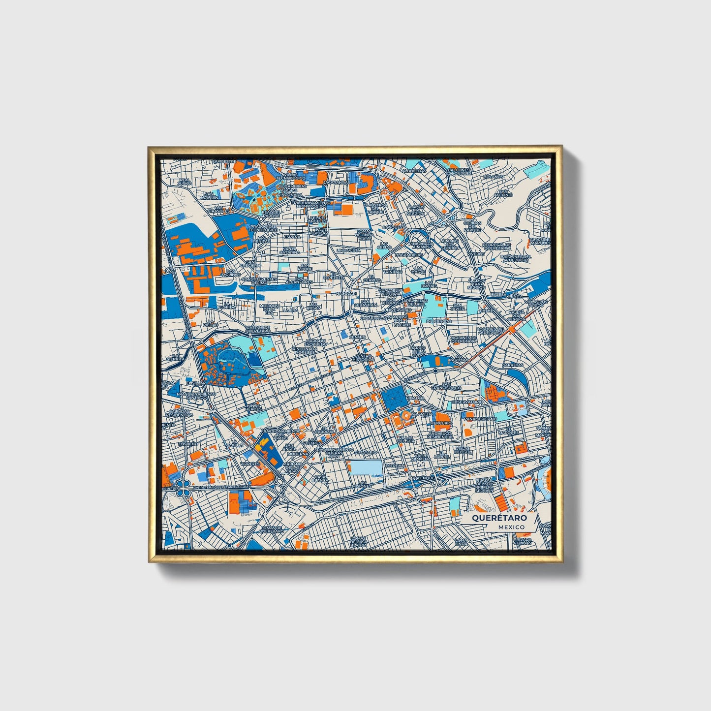 Querétaro Mexico Colorful City Map Canvas Print • Gold Framed