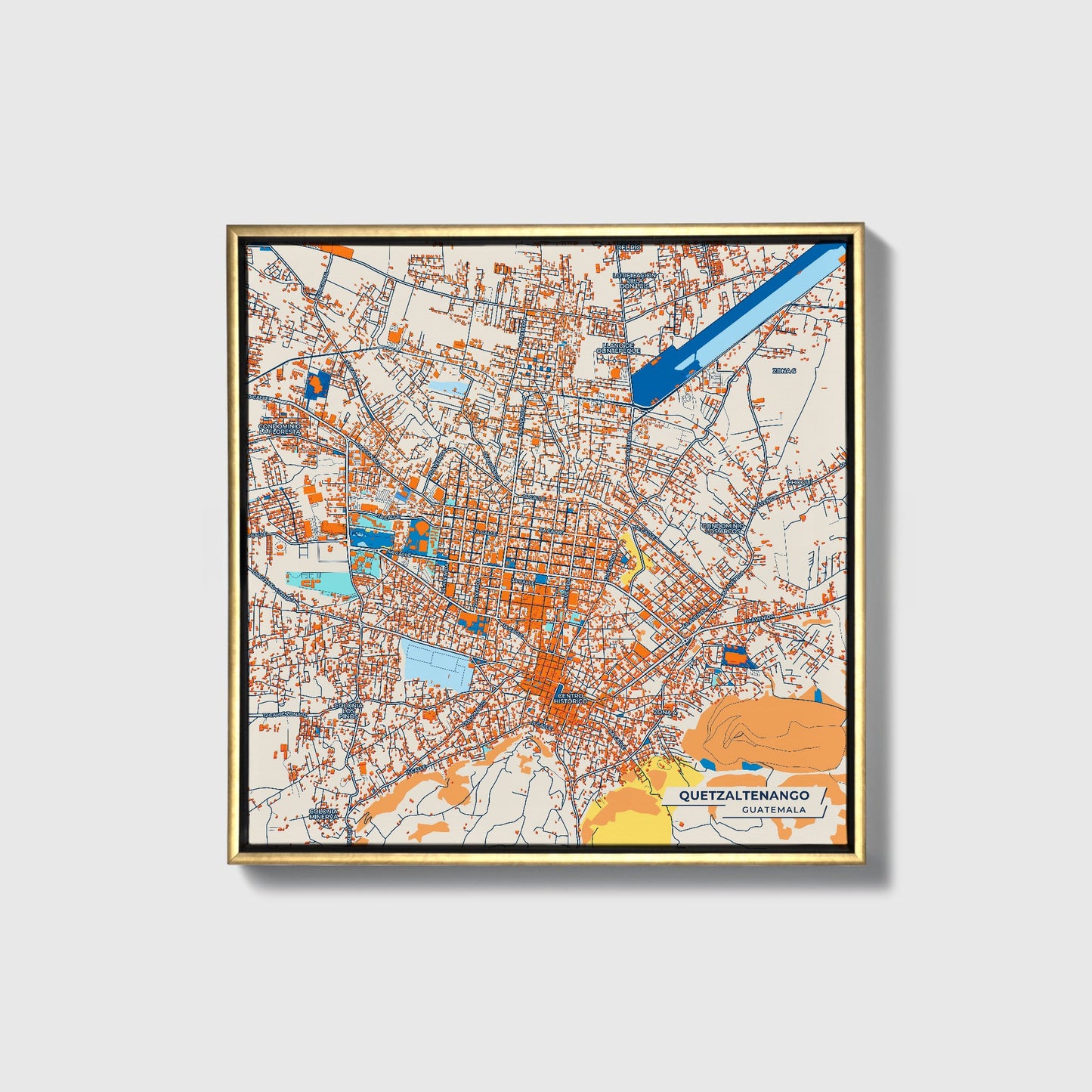 Quetzaltenango Guatemala Colorful City Map Canvas Print • Gold Framed