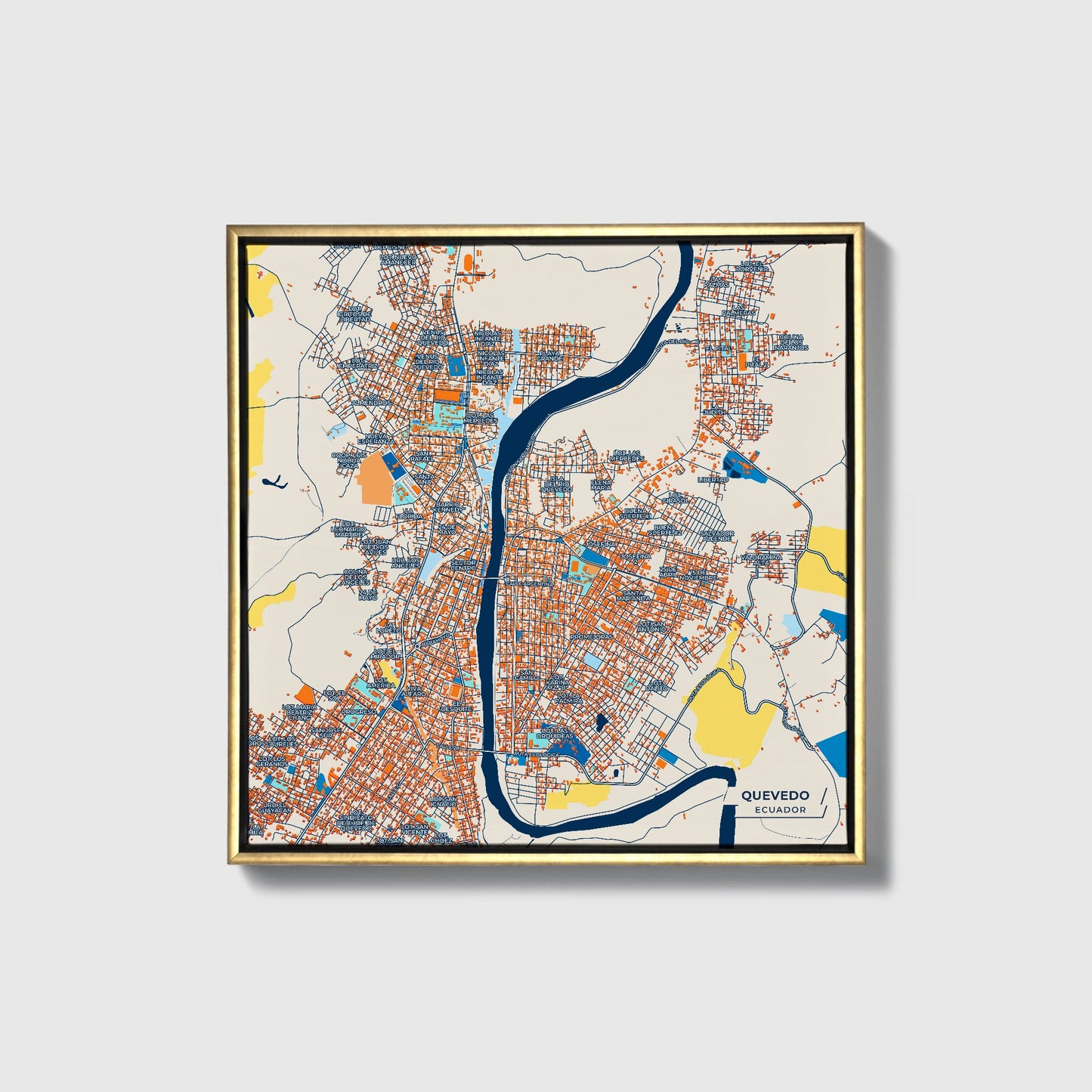 Quevedo Ecuador Colorful City Map Canvas Print • Gold Framed