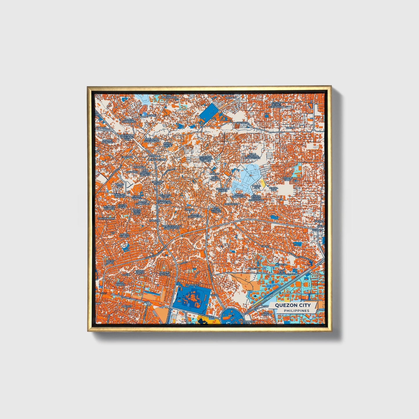 Quezon City Philippines Colorful City Map Canvas Print • Gold Framed