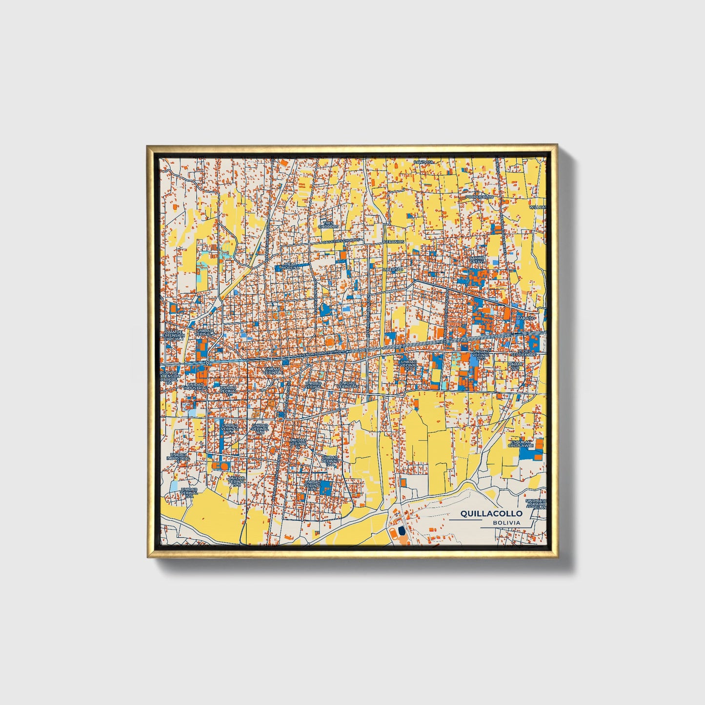 Quillacollo Bolivia Colorful City Map Canvas Print • Gold Framed