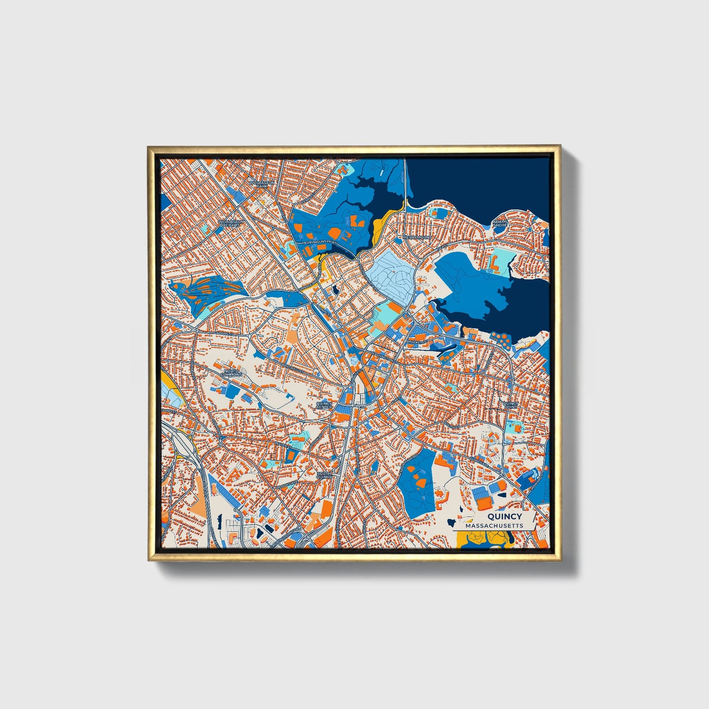 Quincy Massachusetts Colorful City Map Canvas Print • Gold Framed