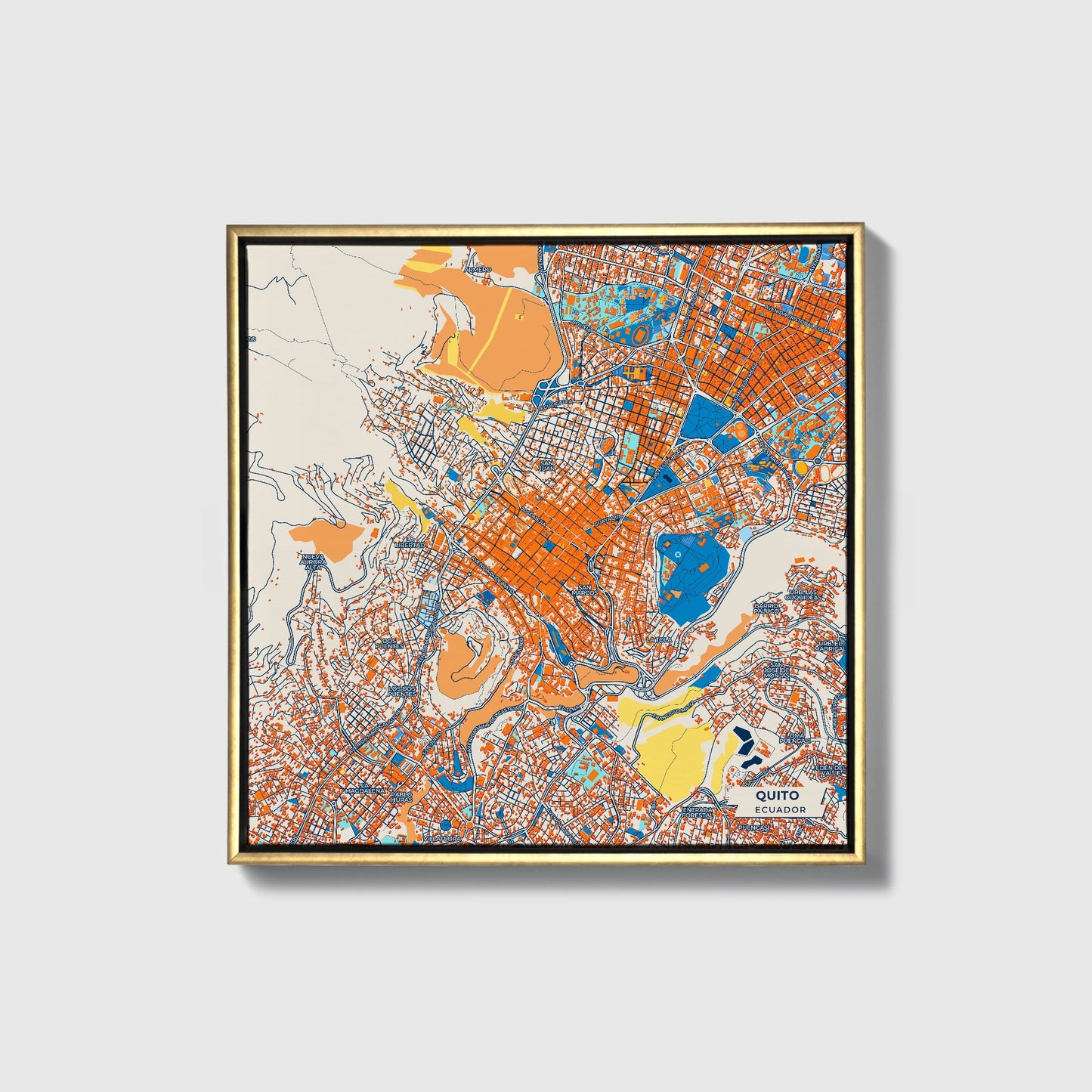 Quito Ecuador Colorful City Map Canvas Print • Gold Framed