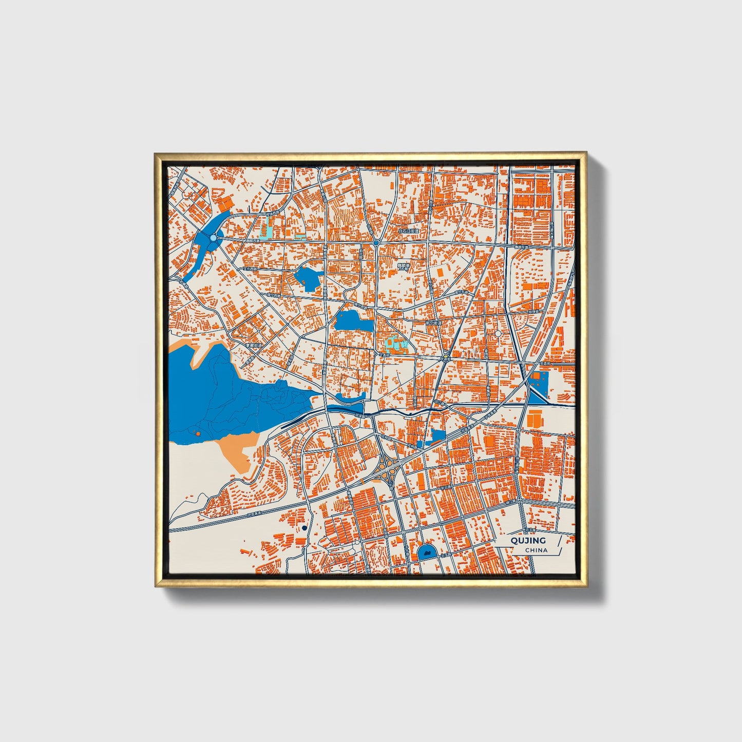 Qujing China Colorful City Map Canvas Print • Gold Framed