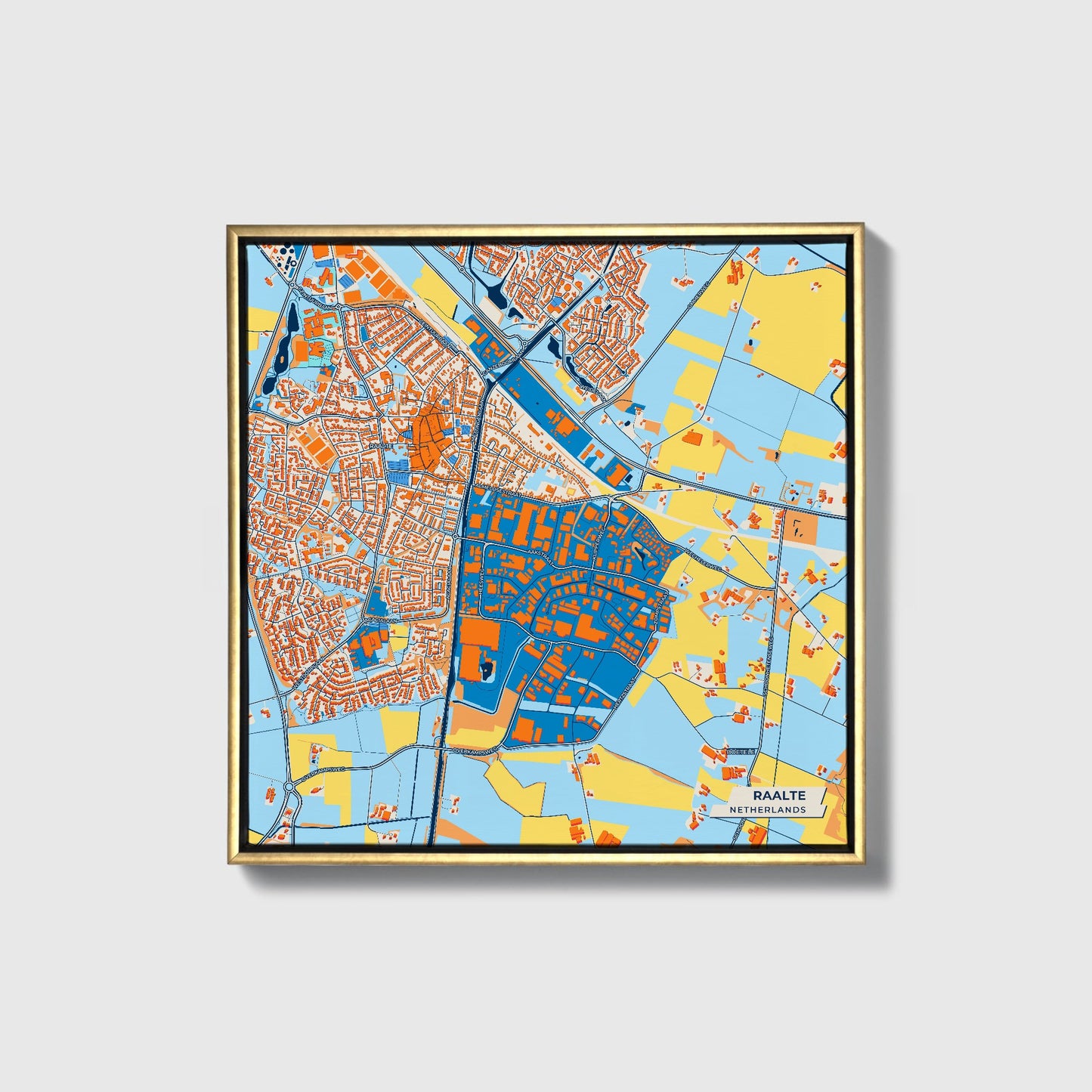 Raalte Netherlands Colorful City Map Canvas Print • Gold Framed