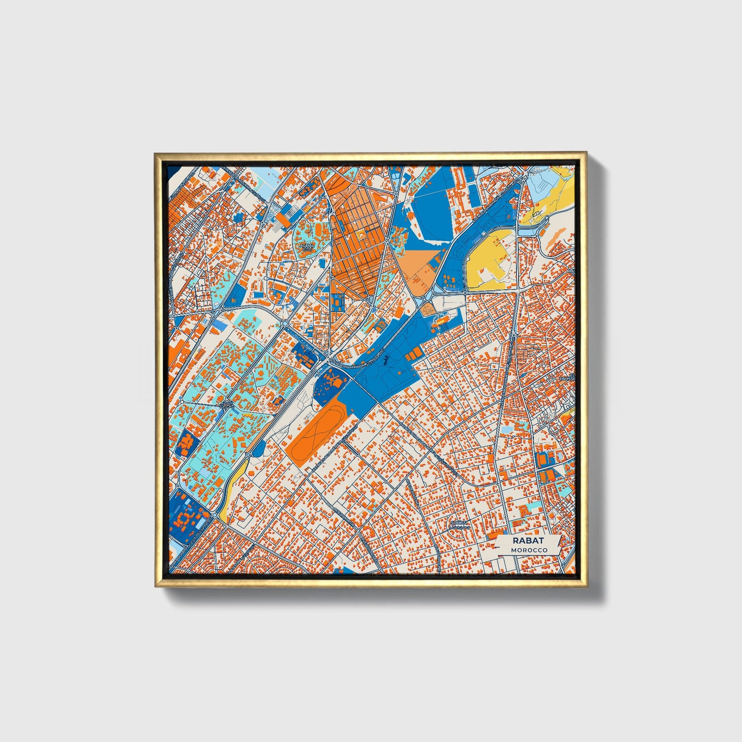 Rabat Morocco Colorful City Map Canvas Print • Gold Framed