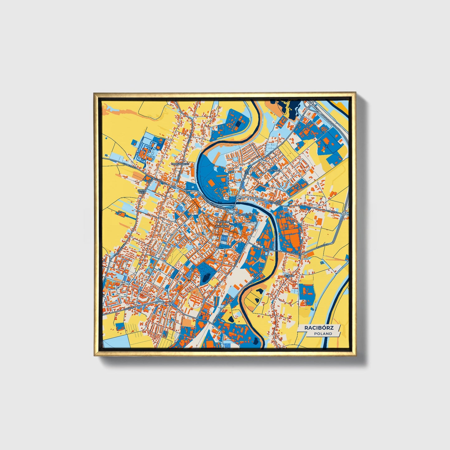 Racibórz Poland Colorful City Map Canvas Print • Gold Framed
