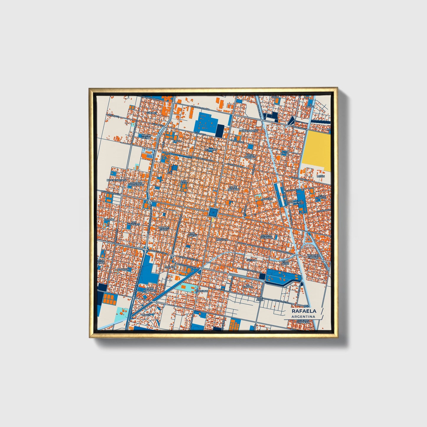 Rafaela Argentina Colorful City Map Canvas Print • Gold Framed
