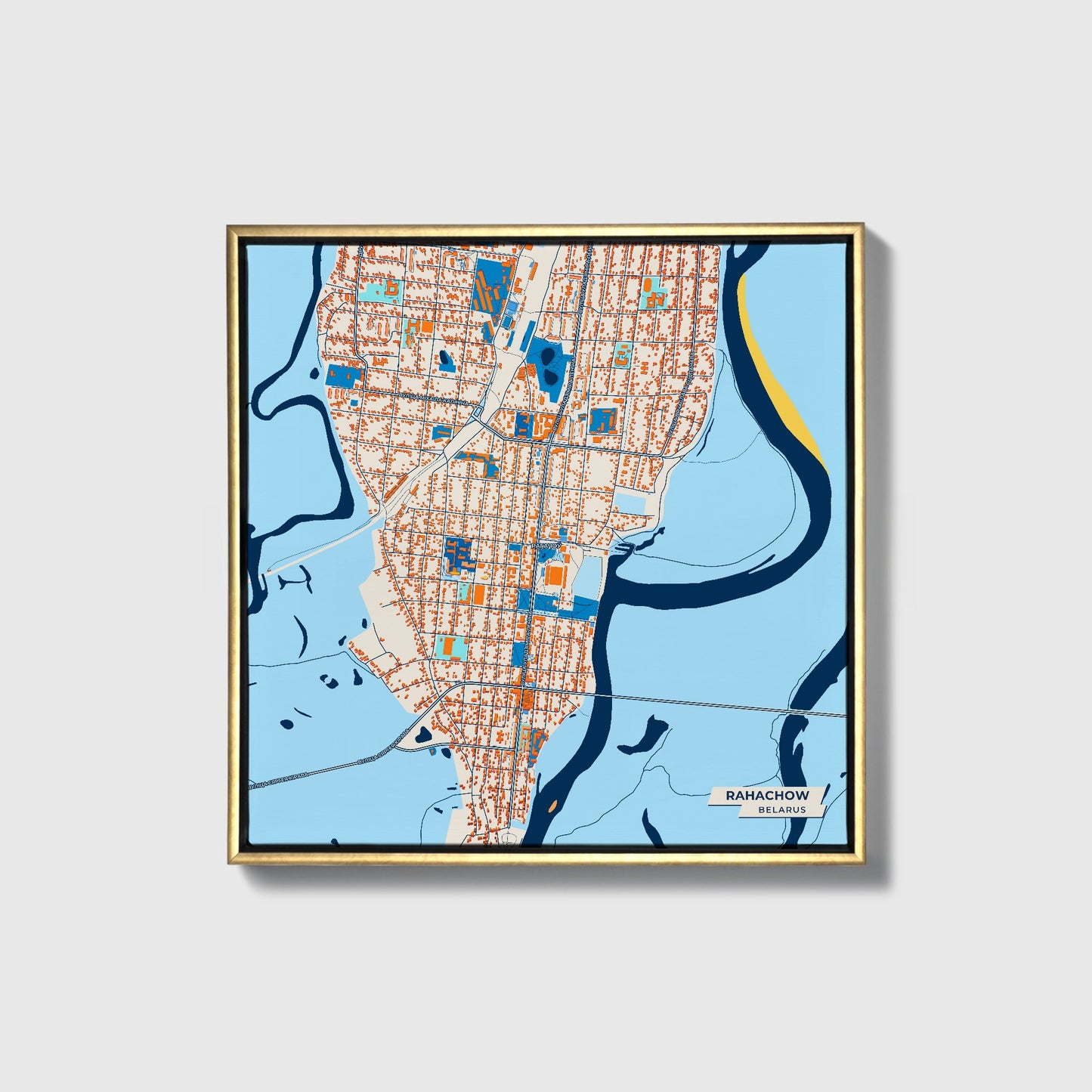 Rahachow Belarus Colorful City Map Canvas Print • Gold Framed