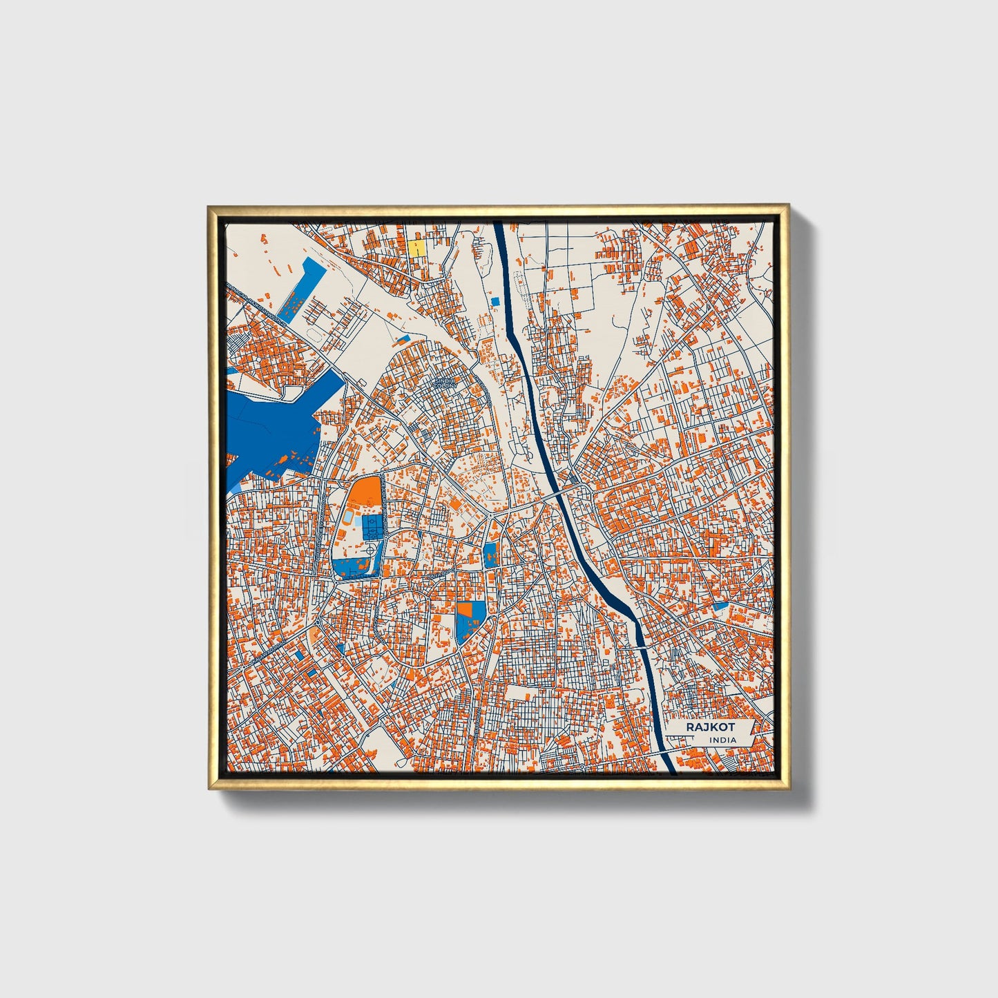 Rajkot India Colorful City Map Canvas Print • Gold Framed