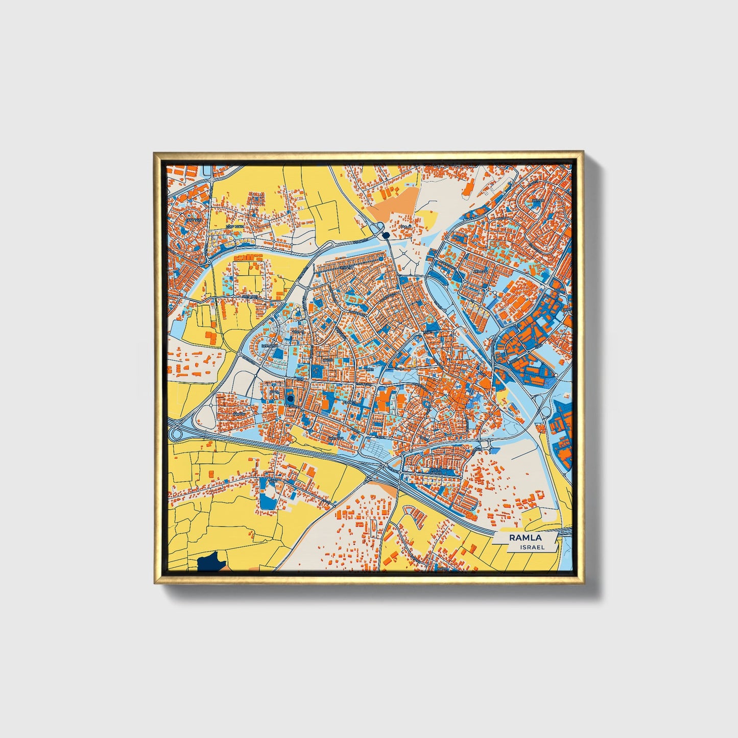 Ramla Israel Colorful City Map Canvas Print • Gold Framed