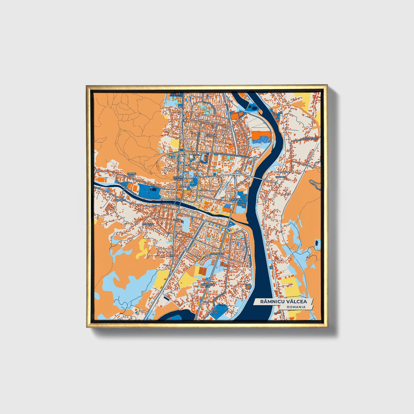 Râmnicu Vâlcea Romania Colorful City Map Canvas Print • Gold Framed