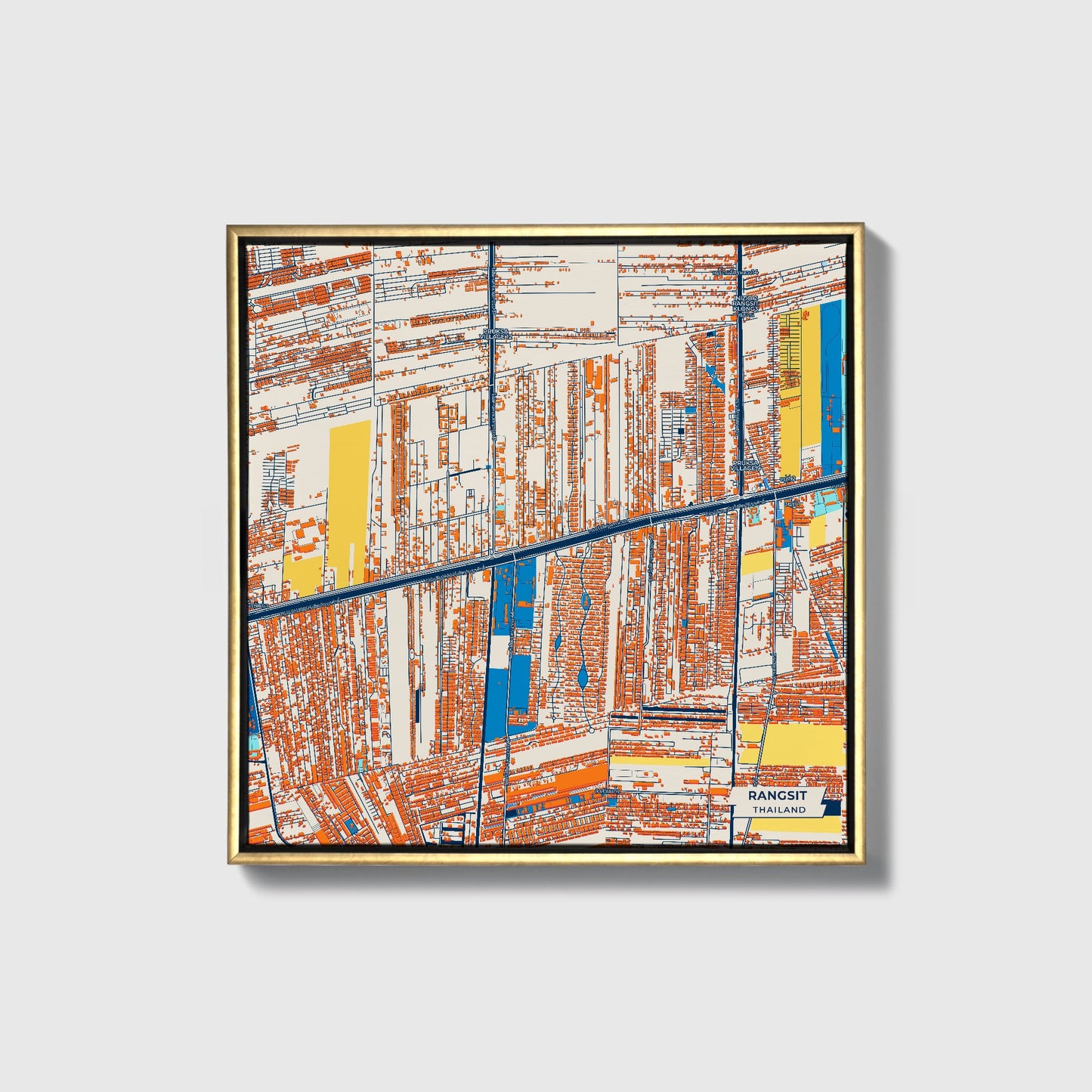 Rangsit Thailand Colorful City Map Canvas Print • Gold Framed