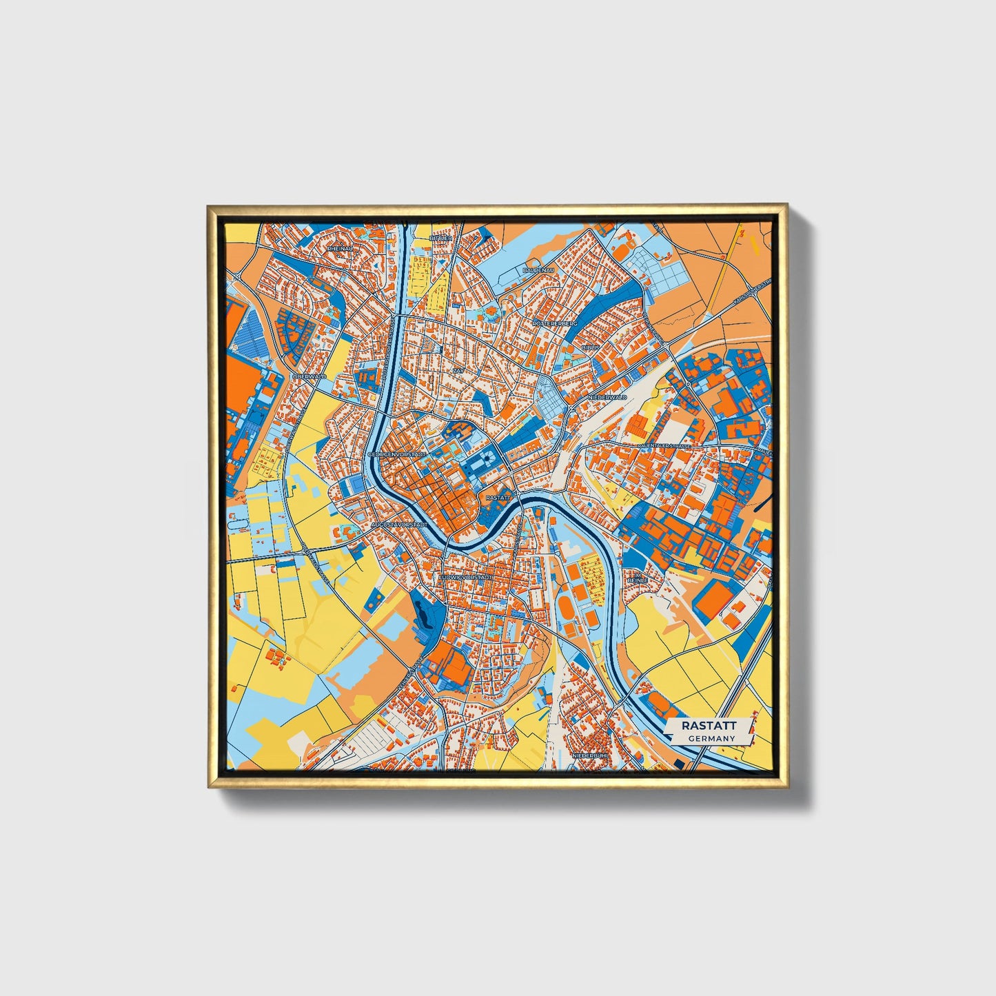 Rastatt Germany Colorful City Map Canvas Print • Gold Framed