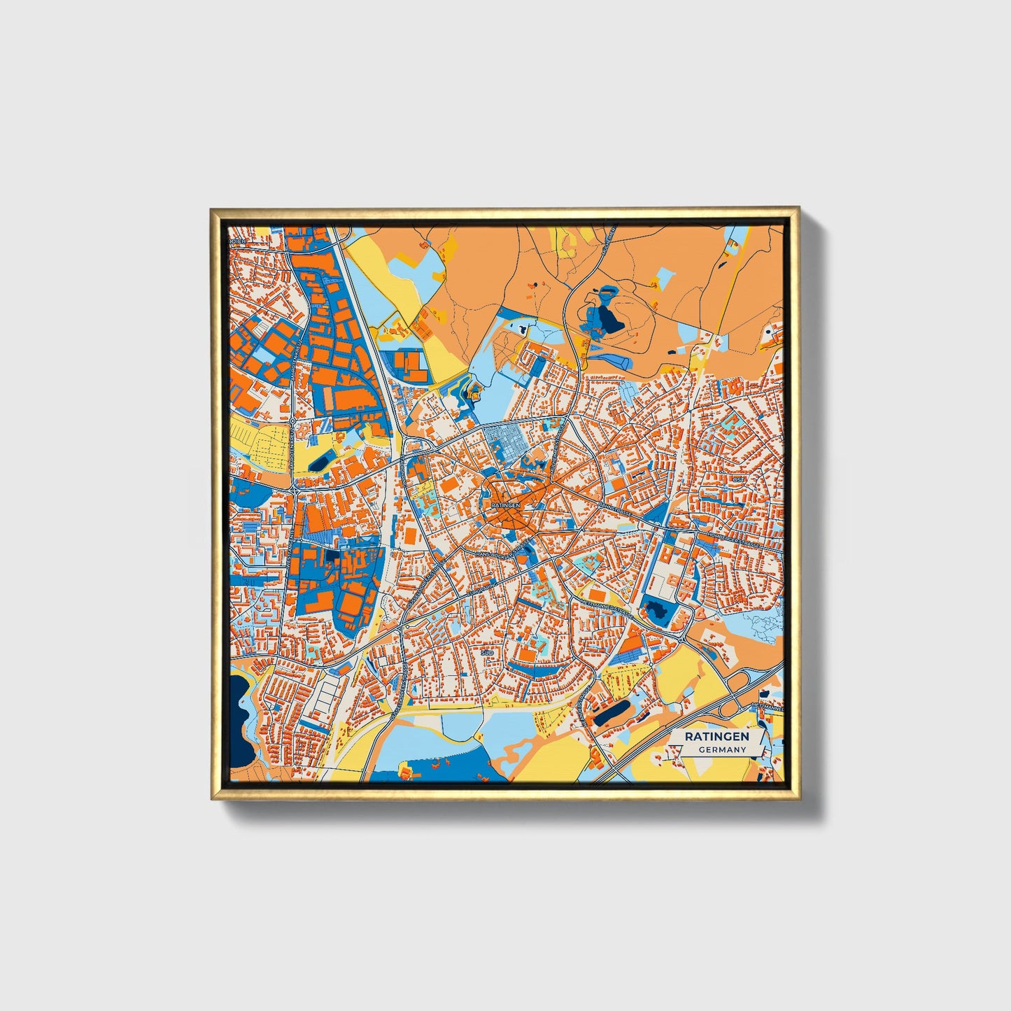 Ratingen Germany Colorful City Map Canvas Print • Gold Framed