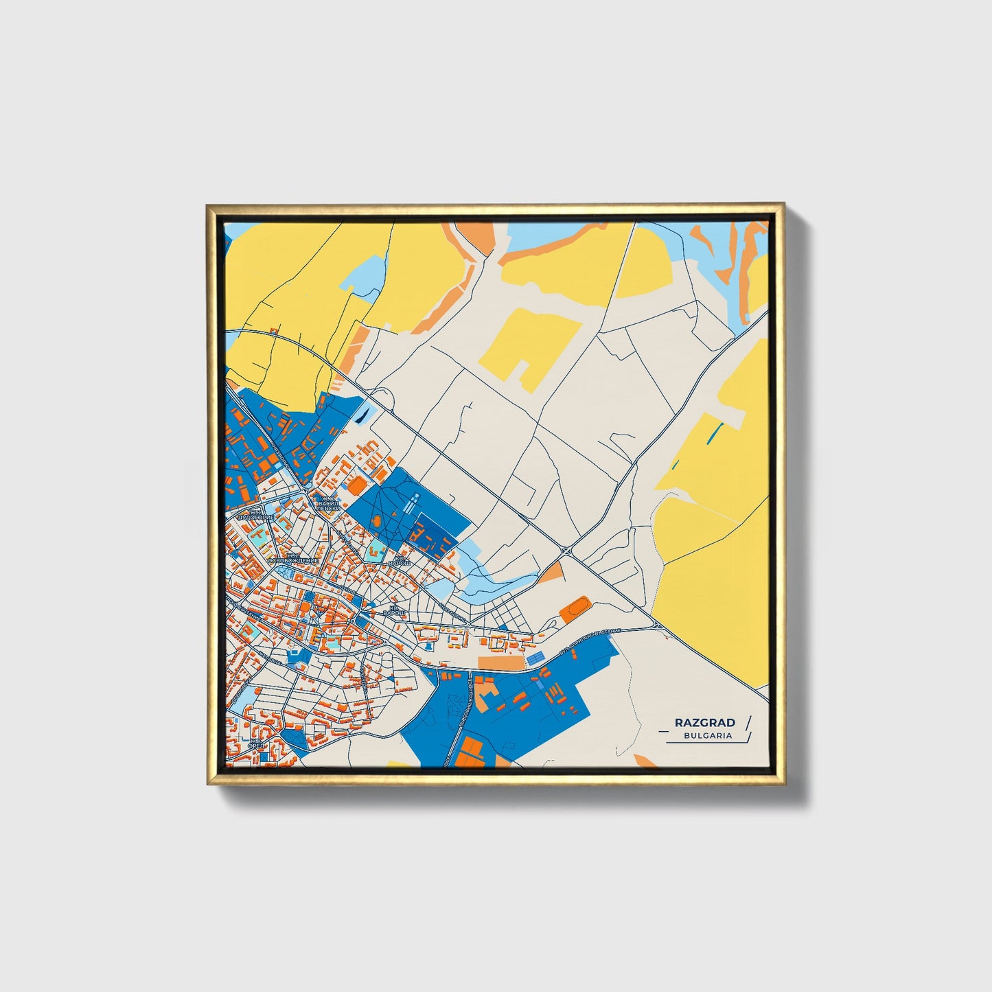 Разград Bulgaria Colorful City Map Canvas Print • Gold Framed