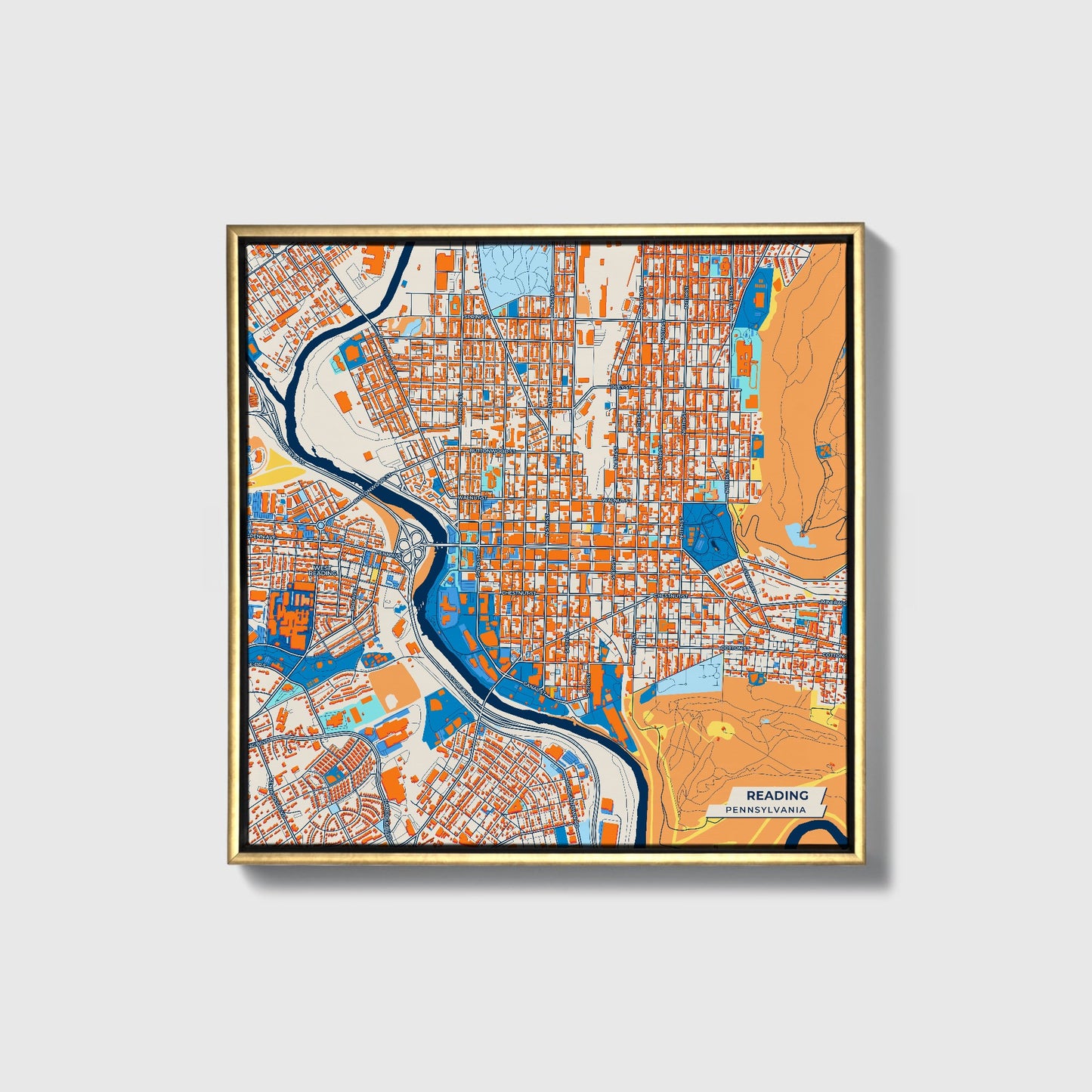 Reading Pennsylvania Colorful City Map Canvas Print • Gold Framed