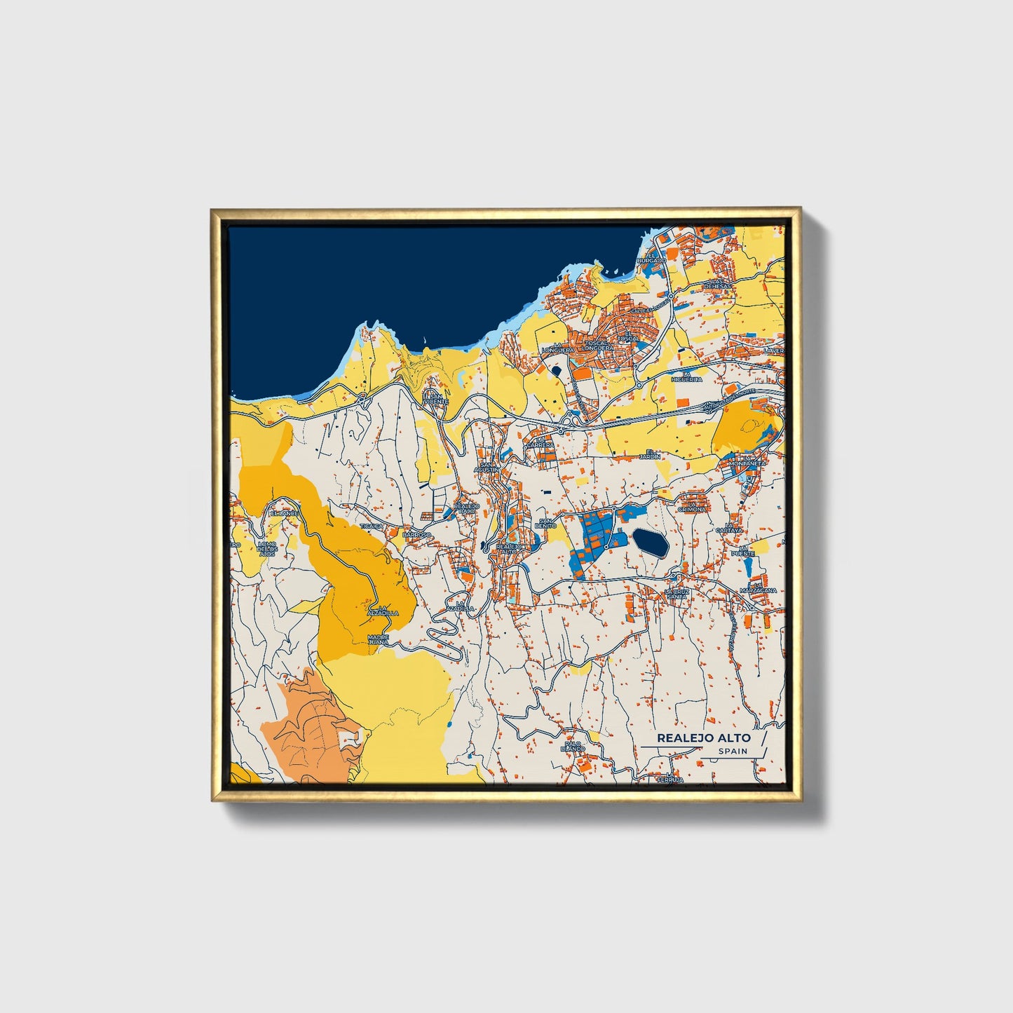 Realejo Alto Spain Colorful City Map Canvas Print • Gold Framed