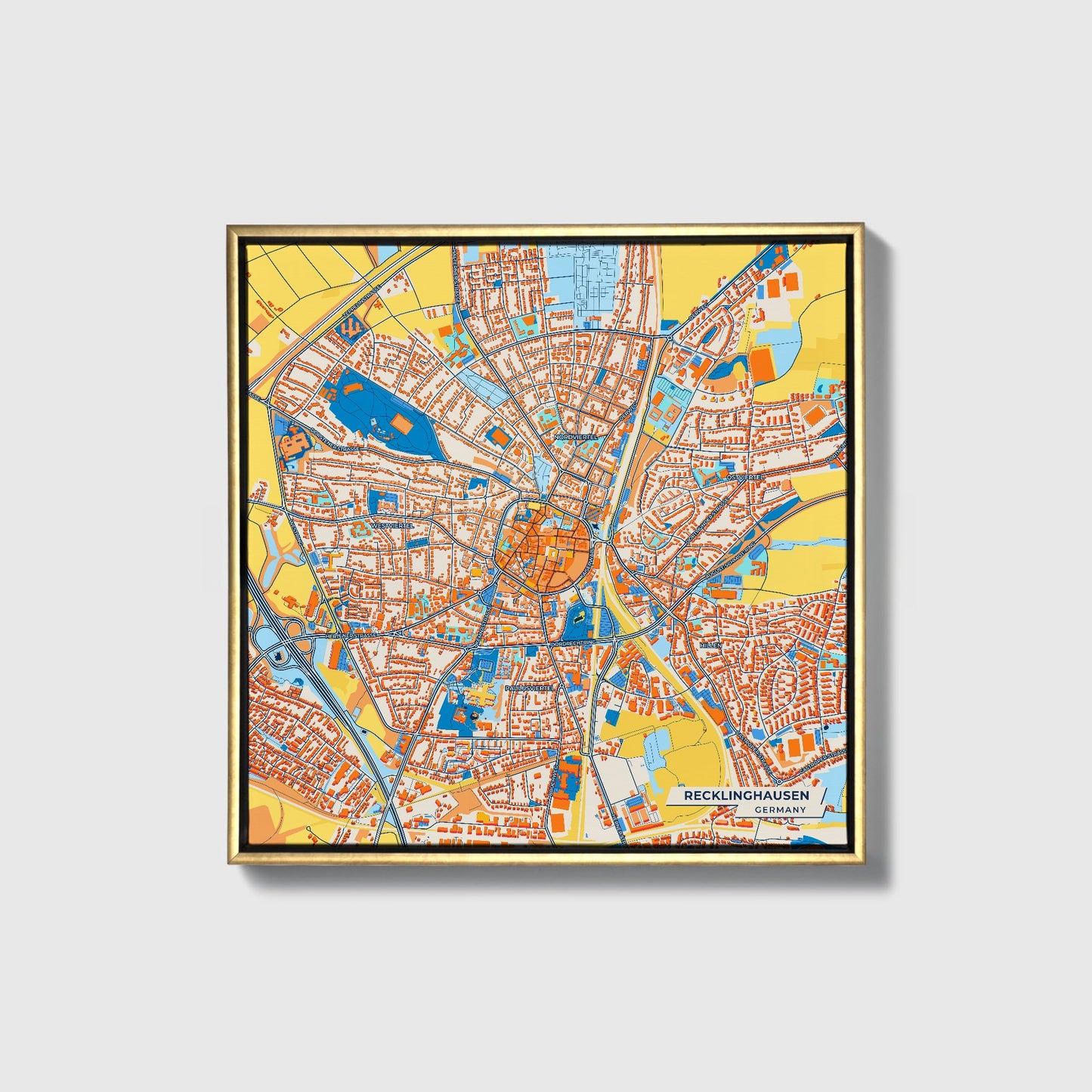 Recklinghausen Germany Colorful City Map Canvas Print • Gold Framed