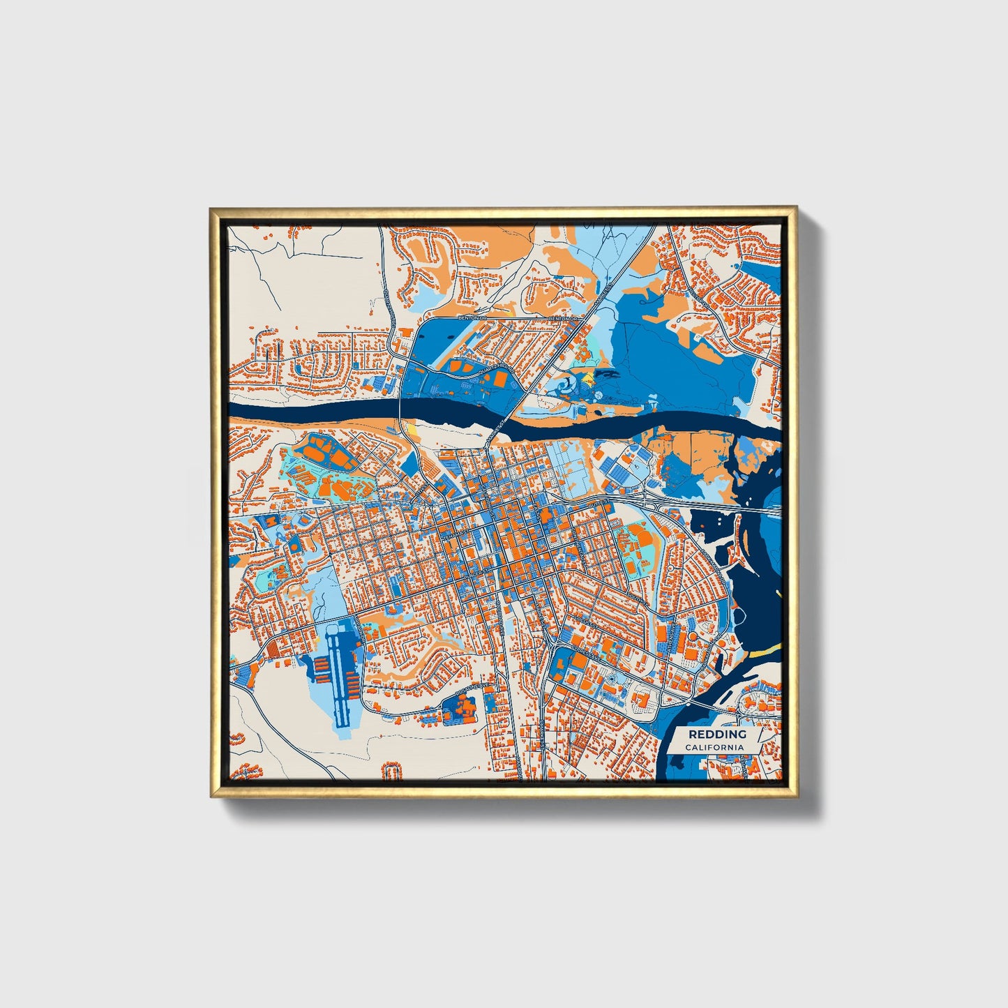 Redding California Colorful City Map Canvas Print • Gold Framed