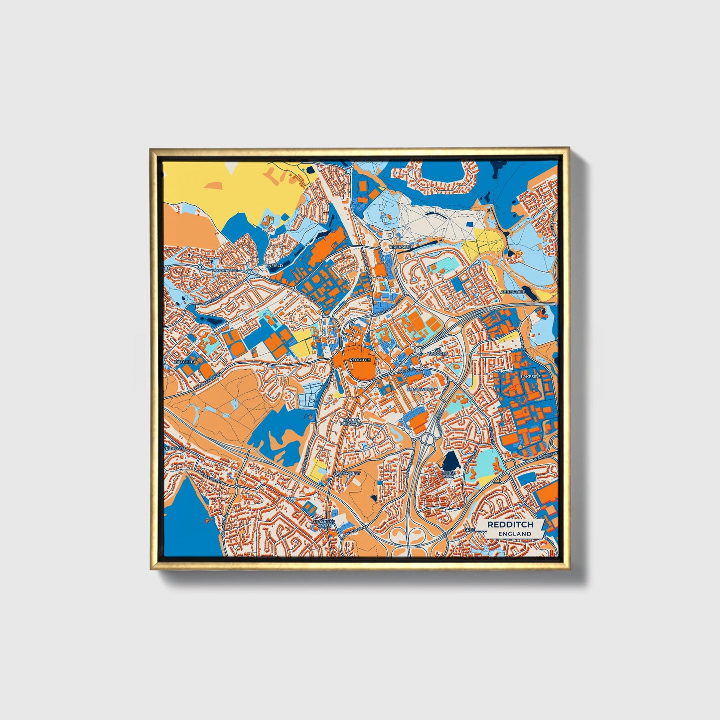 Redditch England Colorful City Map Canvas Print • Gold Framed