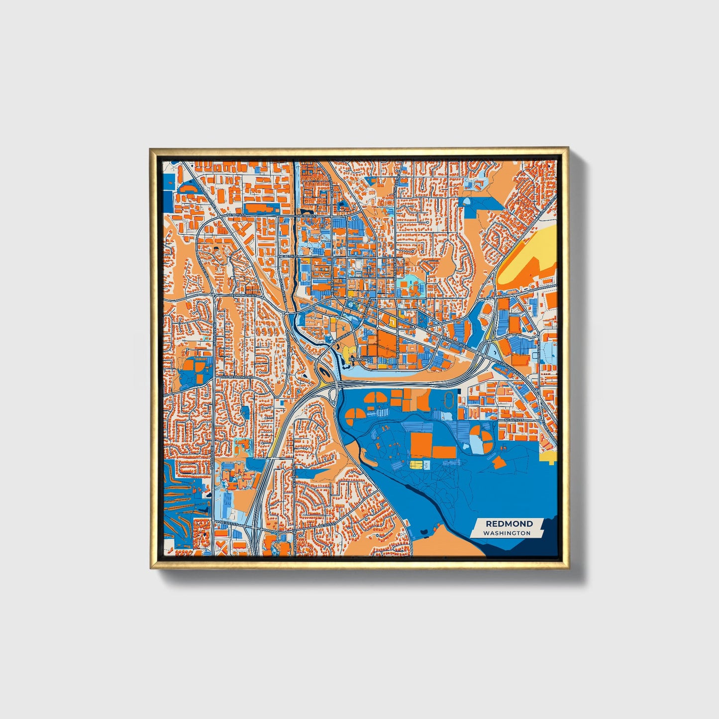 Redmond Washington Colorful City Map Canvas Print • Gold Framed