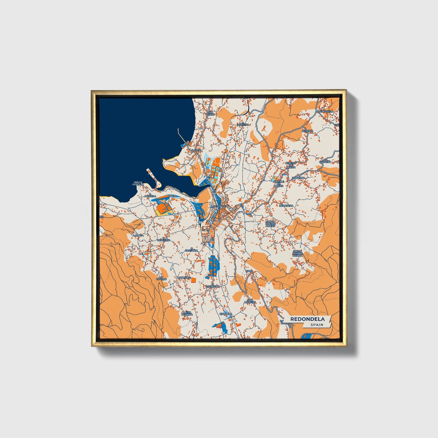 Redondela Spain Colorful City Map Canvas Print • Gold Framed