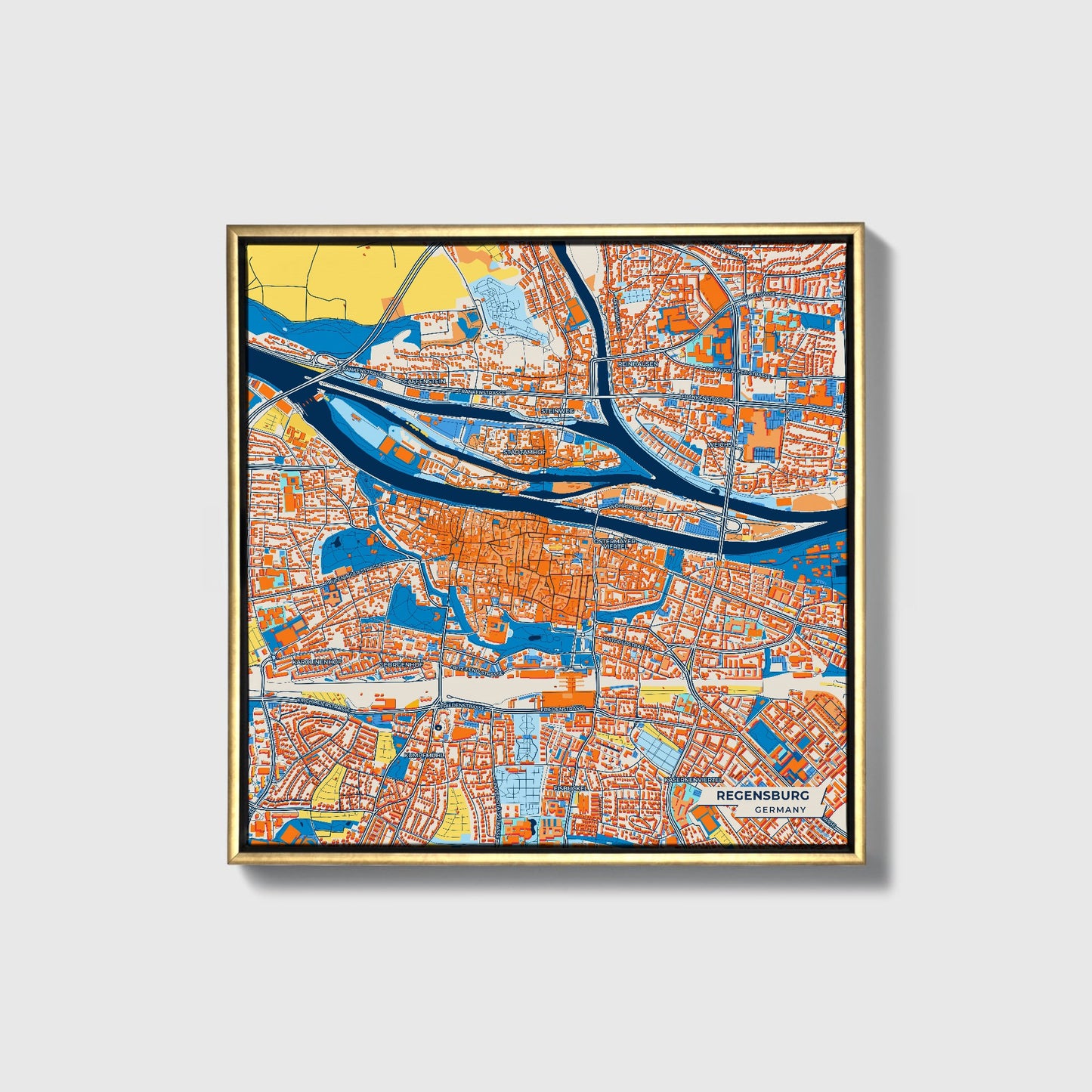Regensburg Germany Colorful City Map Canvas Print • Gold Framed