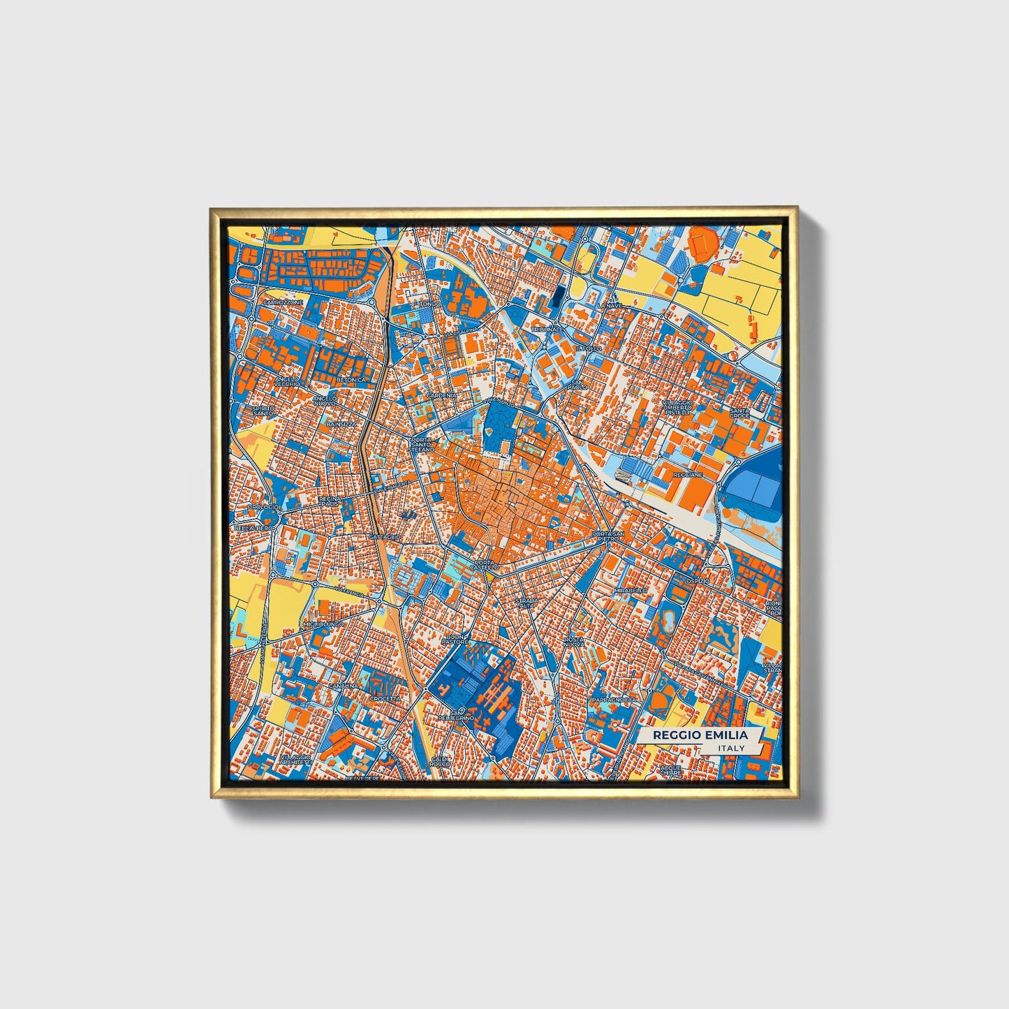 Reggio Emilia Italy Colorful City Map Canvas Print • Gold Framed