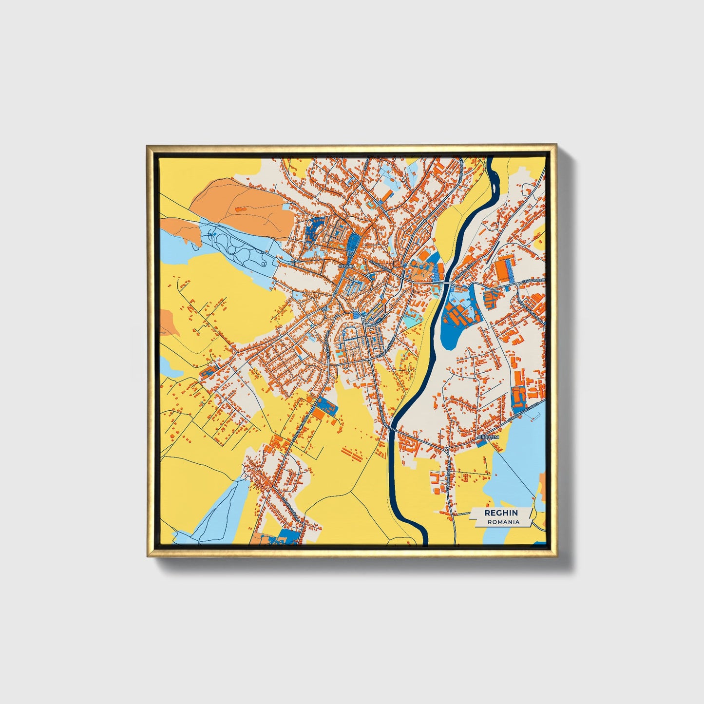 Reghin Romania Colorful City Map Canvas Print • Gold Framed
